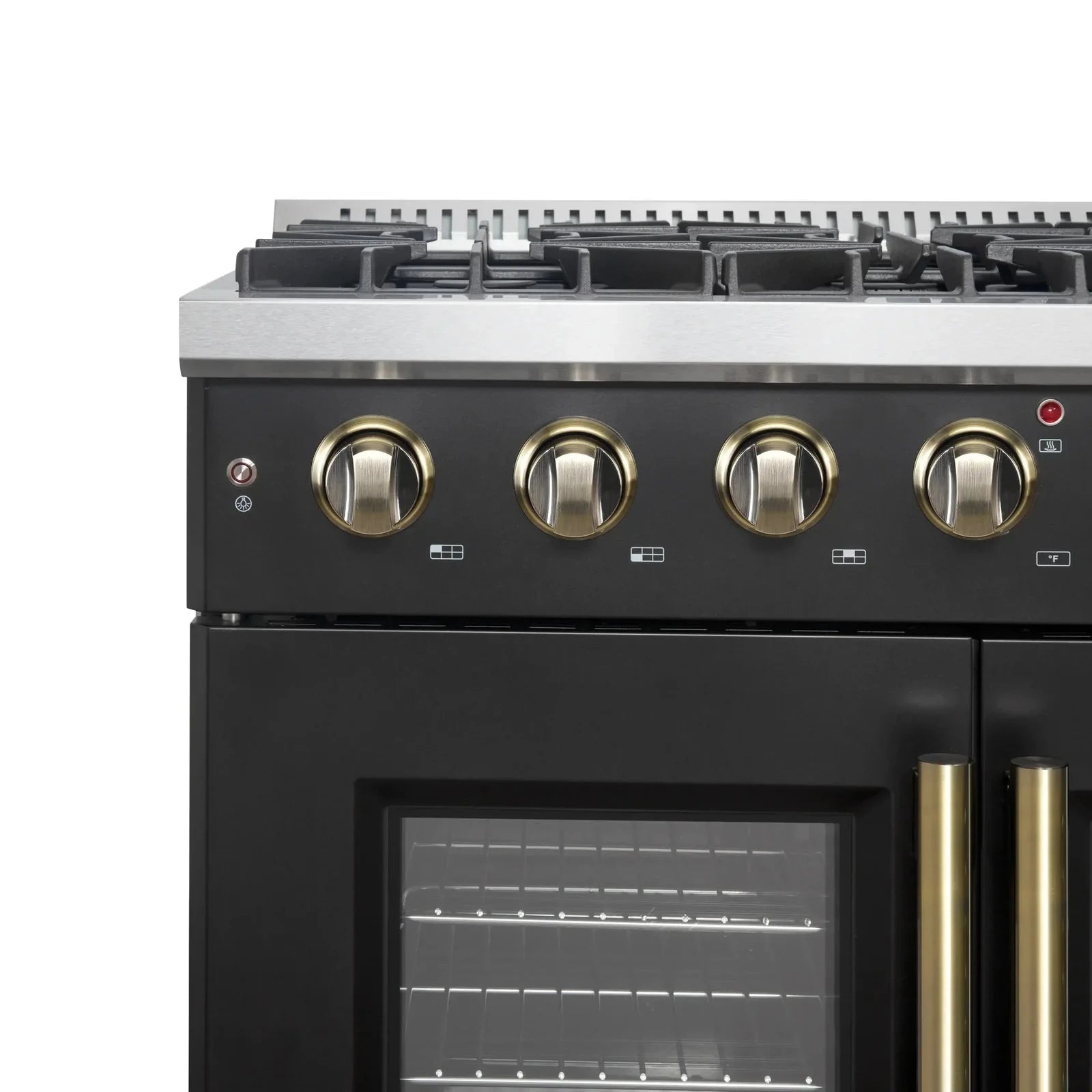 Forno Galiano 36 Inch French Door All Gas Range - Black with Antique Brass Trim - Model FFSGS6444 36BLK - Perfect for Modern Kitchens & Professional Chefs