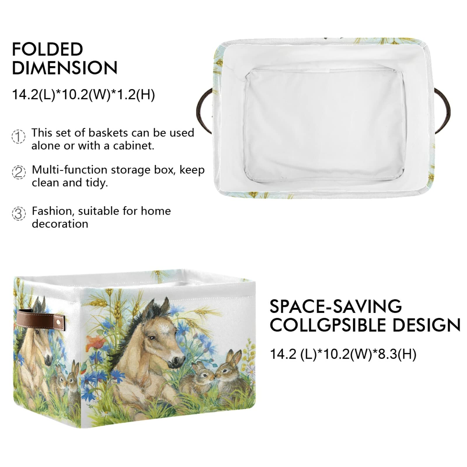 Collapsible Storage Baskets with Handles - 2 Pack Decorative Easter Bunny Bins for Horse, Rabbit & Flower Storage | Perfect for Nursery, Closet, Office, Home & Bedroom Organization