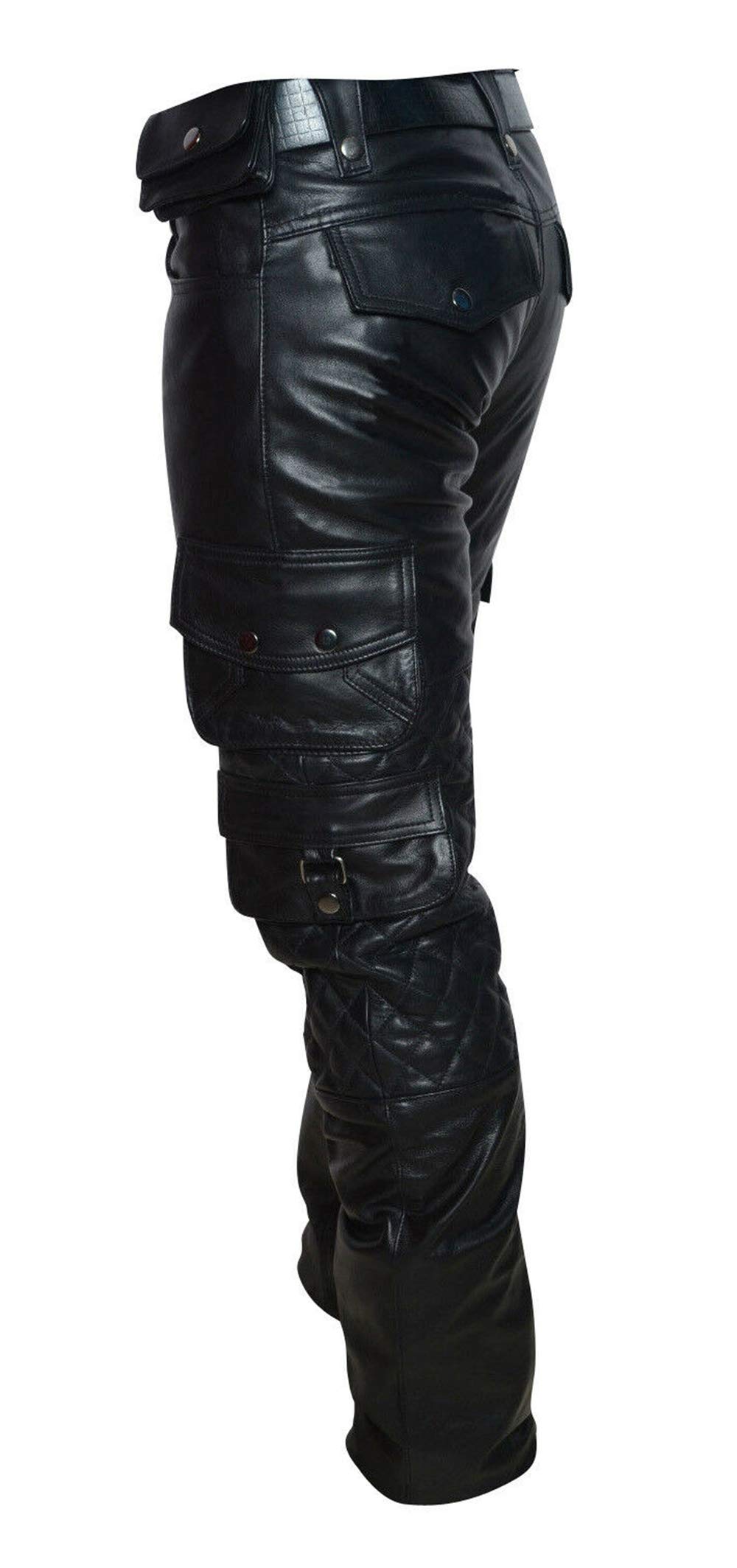 Men's Black Leather Biker Pants - Quilted Motorcycle Joggers with Cargo Pockets | Stylish & Durable Riding Trousers for Motorcycle Enthusiasts & Urban Fashion
