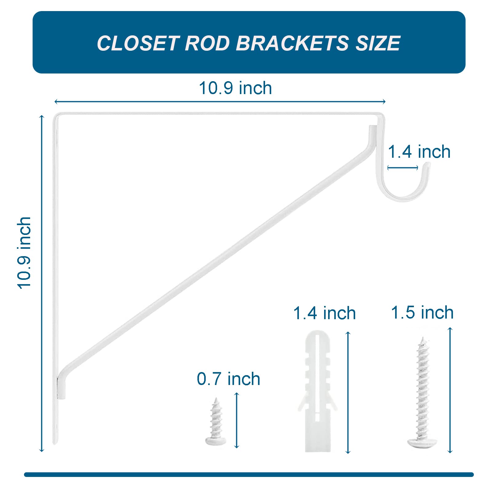 2 Pack Heavy Duty White Closet Rod Brackets - 10.9