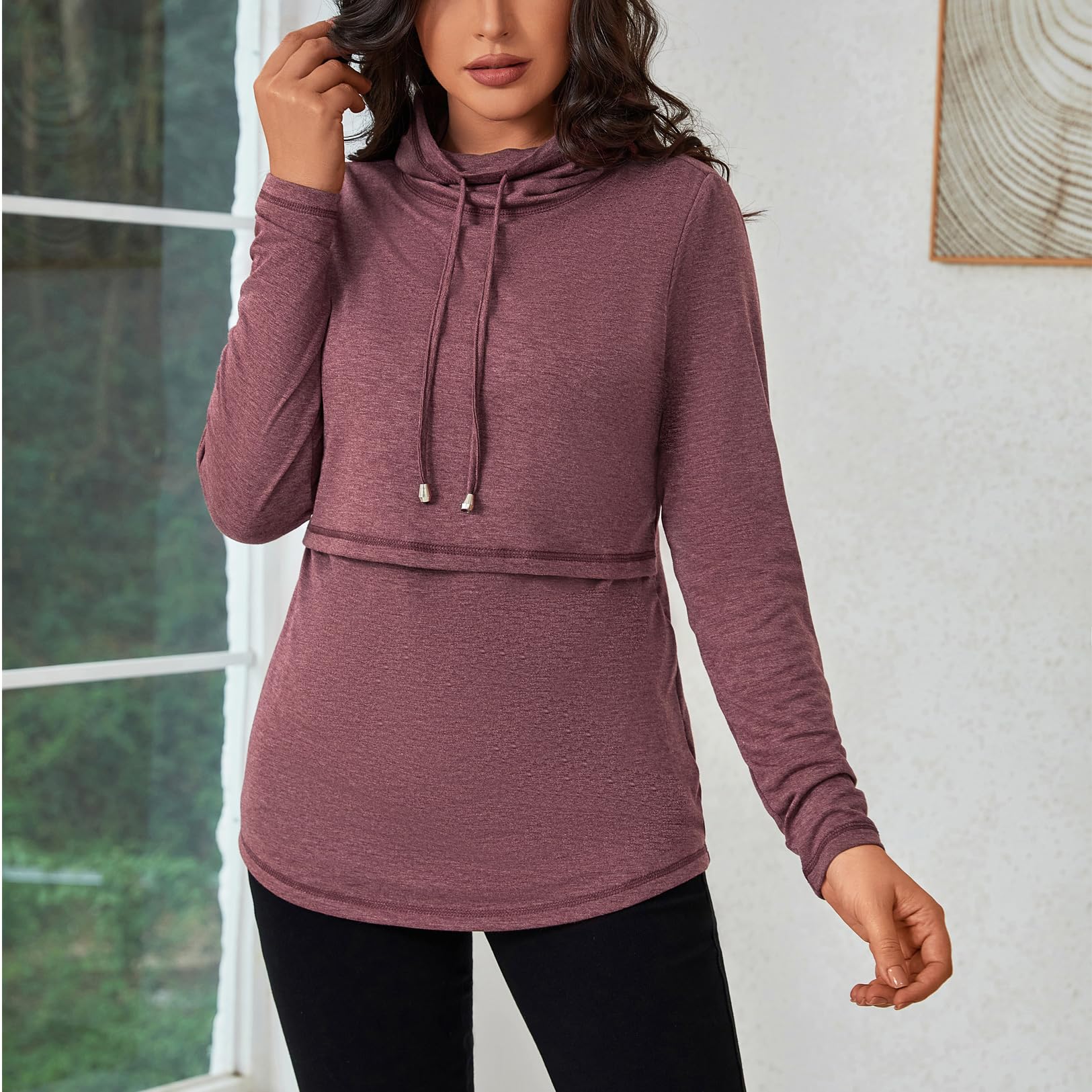 GINKANA Women's Nursing Tops - Long Sleeve Breastfeeding Shirts with Drawstring Cowl Neck - Comfortable Nursing Tee for Moms - Perfect for Nursing, Pumping & Everyday Wear
