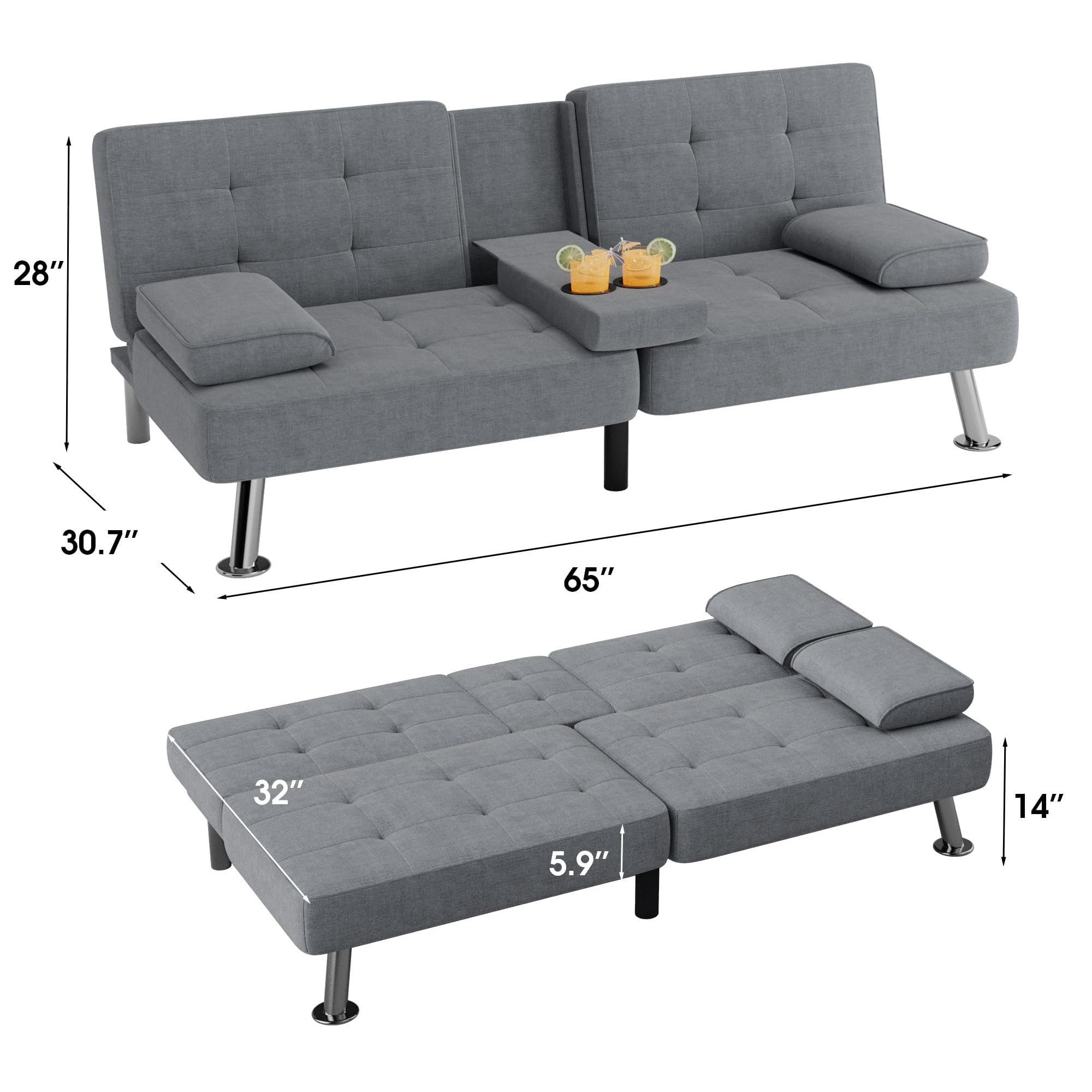 Modern Folding Futon Sofa Bed - Convertible Linen Fabric Recliner Lounge with 2 Cup Holders & Removable Armrests for Living Room, Bedroom or Guest Room (Grey) - Space-Saving Multi-Functional Furniture for Small Apartments & Home Offices