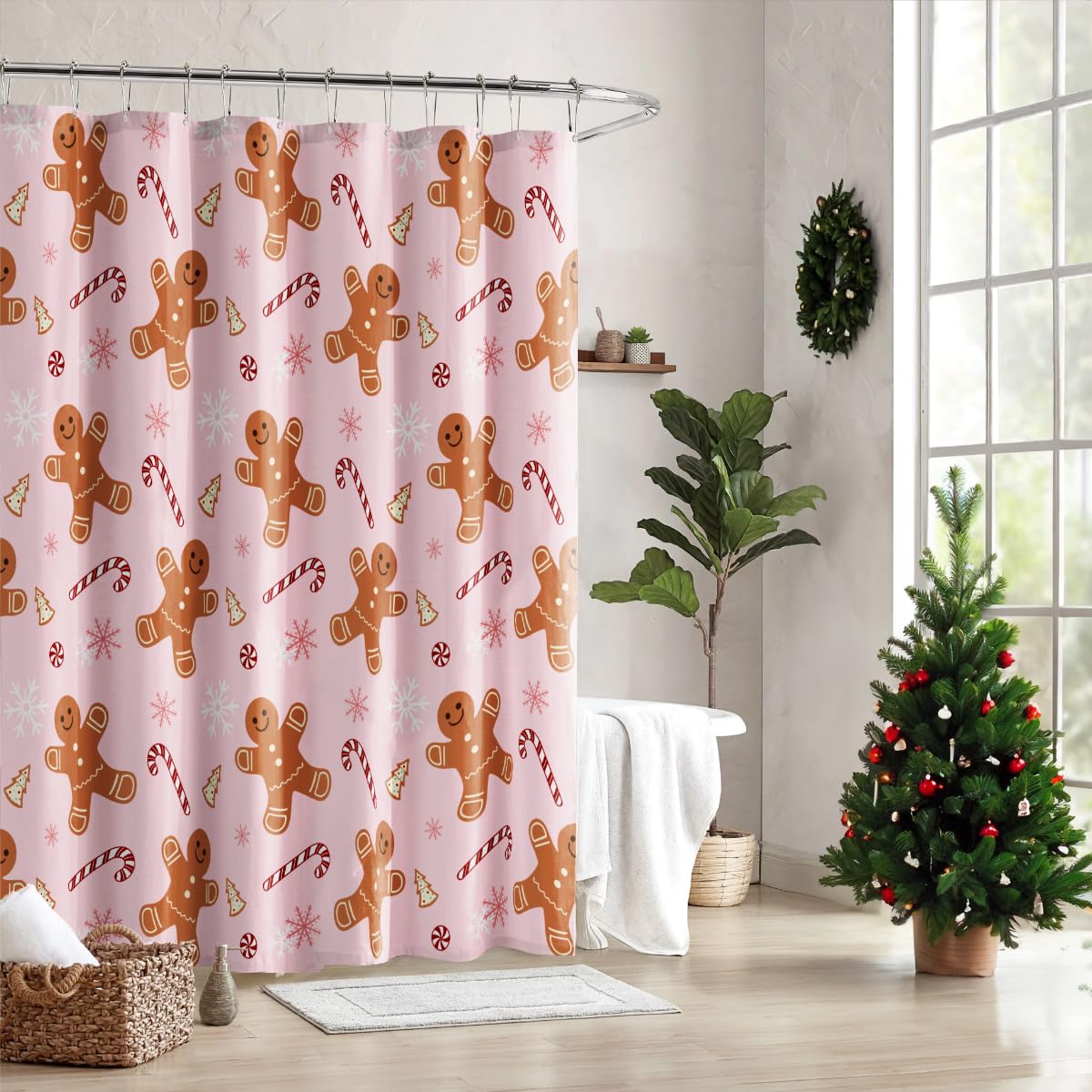 Pink Cute Gingerbread Man Christmas Shower Curtain Set with Hooks - Winter Holiday Bathroom Decor for Home, Merry Christmas Fabric Shower Curtain - Perfect for Bathroom Decorations, Indoor Holiday Party & Festive Home Styling