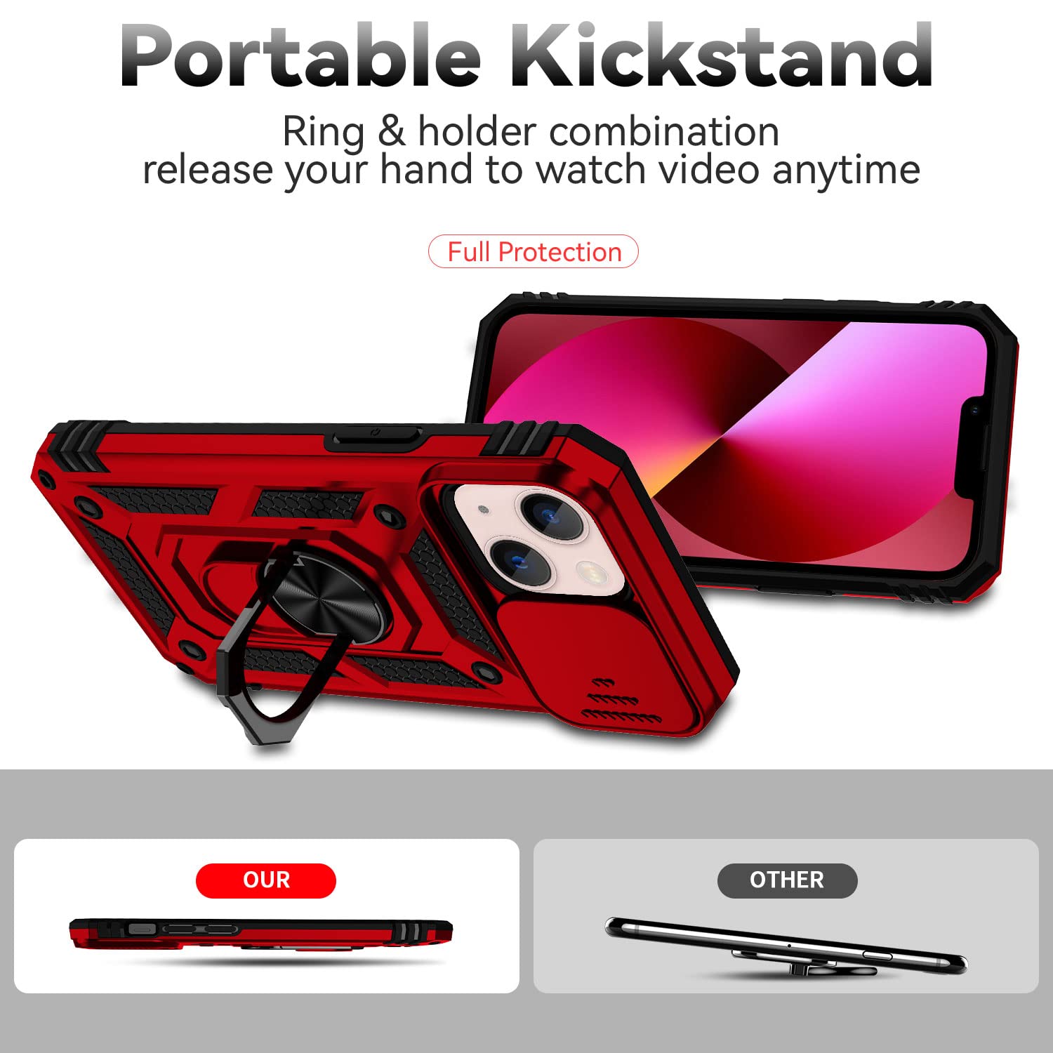 Hitaoyou iPhone 13 Case with Camera Cover & Kickstand - Military Grade Shockproof Heavy Duty Protective Magnetic Phone Cover for iPhone 13 (Red) - Perfect for Outdoor Activities, Travel & Daily Protection