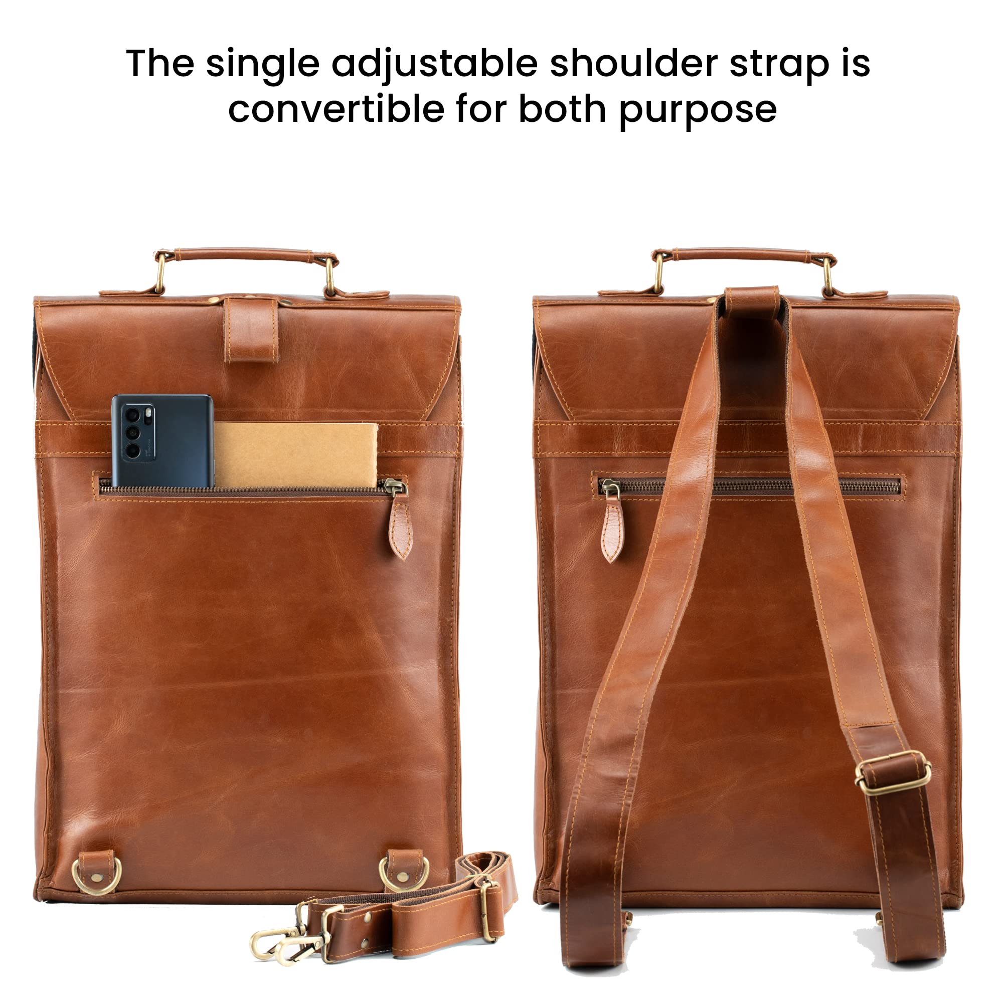 Handmade Genuine Leather Backpack - Convertible to Vertical Messenger Bag for 17 Inch Laptop - Business & Travel Computer Bag (Brown) | Perfect for Office Commute, College Students & Digital Nomads