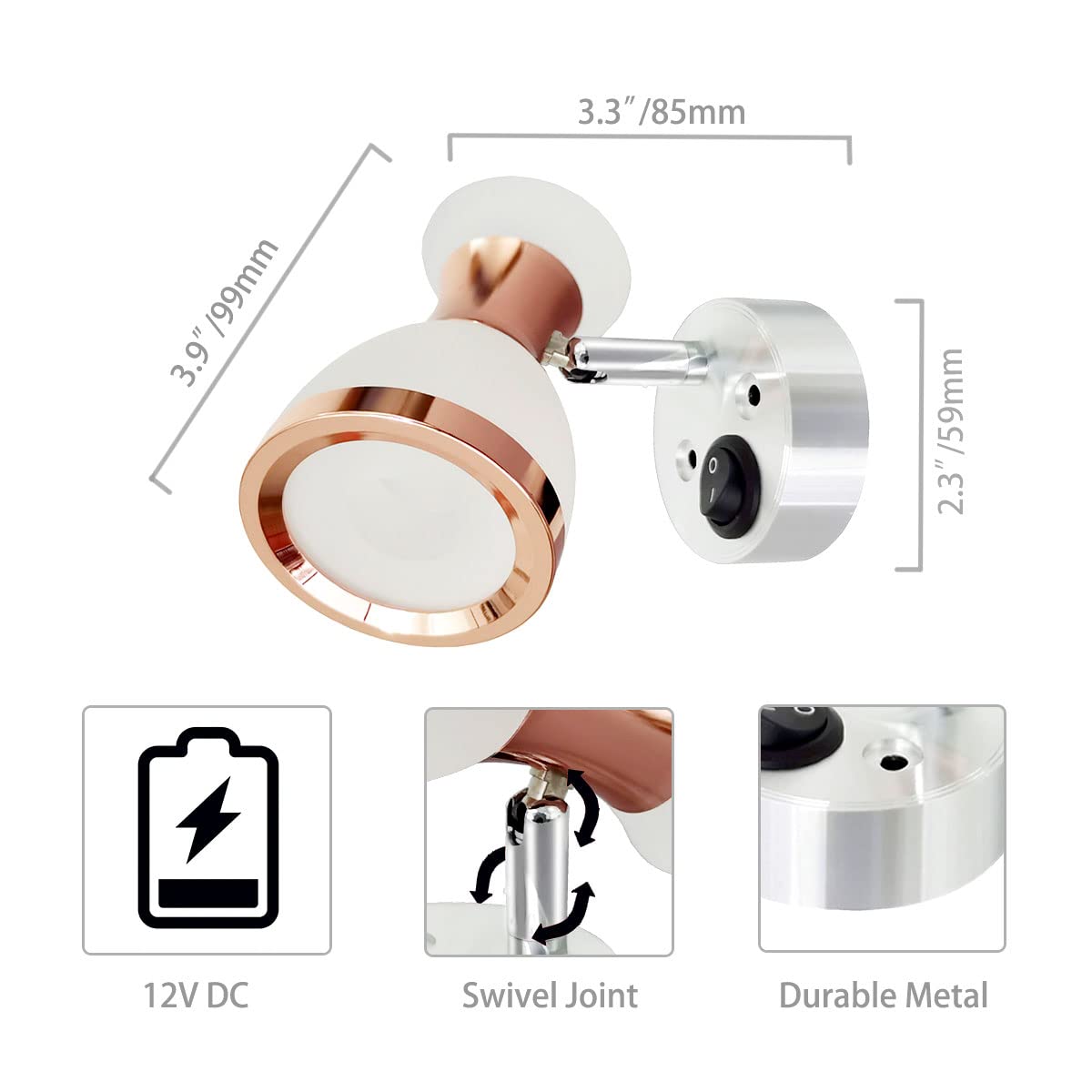 Energy-Saving 12V RV Reading Light Fixture - 3W Warm White LED Bedside Lamp with Switch | Rose Gold Wall Sconce for RV, Camper, Boat & Tiny Homes | 3-Inch Compact Design for Night Reading & Cozy Ambience