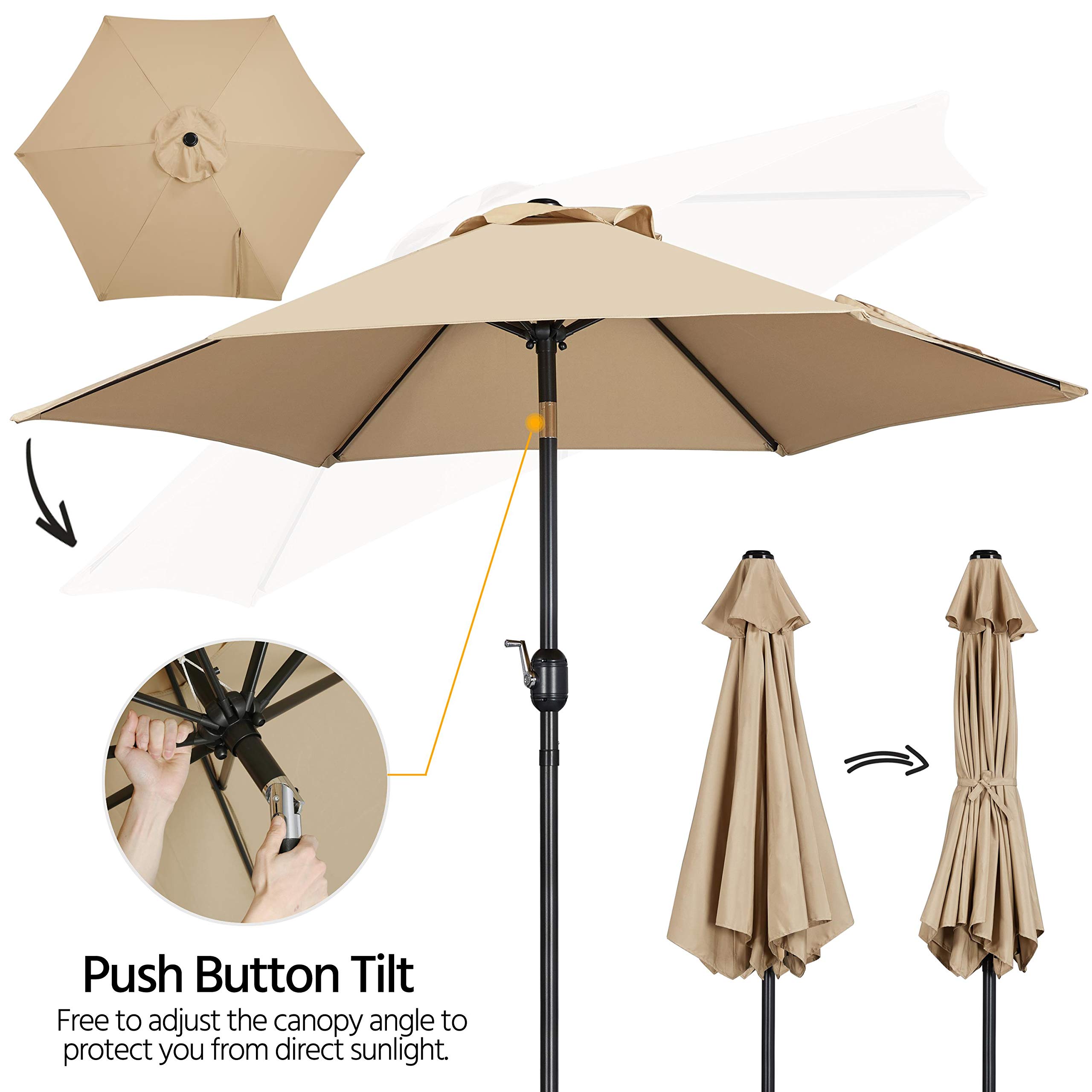 Yaheetech 7.5FT Heavy Duty Outdoor Patio Umbrella with 30lb Weighted Base - Push Button Tilt & Crank Lift, Sturdy Steel Ribs, Market Umbrella for Garden, Poolside, Restaurant, Backyard (Tan)