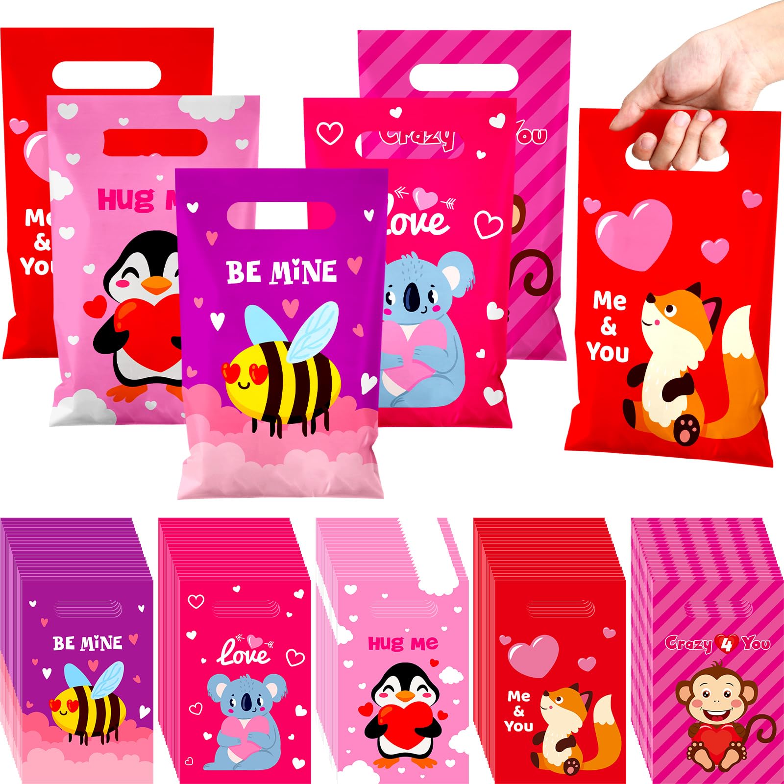 Chivertion 200 Pcs Valentine's Day Plastic Gift Bags - 11.8x8.7 Inch Cute Animal Treat Bags with Handle for Party Favors, Classroom Rewards & Holiday Goodies | Perfect for Valentine's Parties, School Events & Gift Exchanges