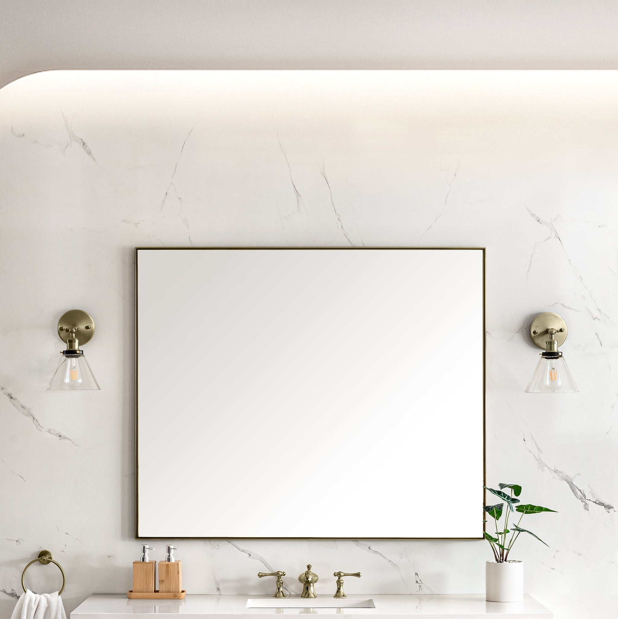 Rohe 48-Inch Round Wall Mirror with Champagne Brass Frame - Elegant Bathroom Vanity Mirror, Bedroom Decor & Entryway Statement Piece