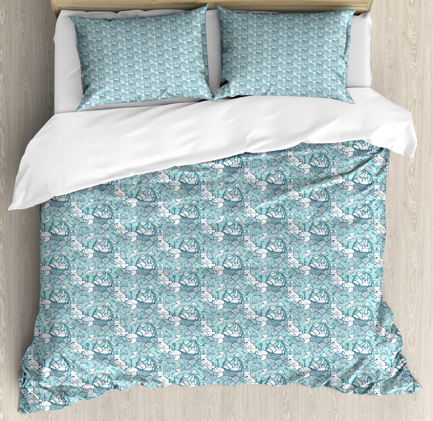 Ambesonne Easter Bunny Duvet Cover Set - Rabbit Doodle Muffin with Eggs Basket Tea Time Design, 3-Piece Queen Size Bedding Set with 2 Pillow Shams in Dark Seafoam & Teal | Perfect for Spring Decor, Easter Themed Bedroom, and Holiday Home Styling