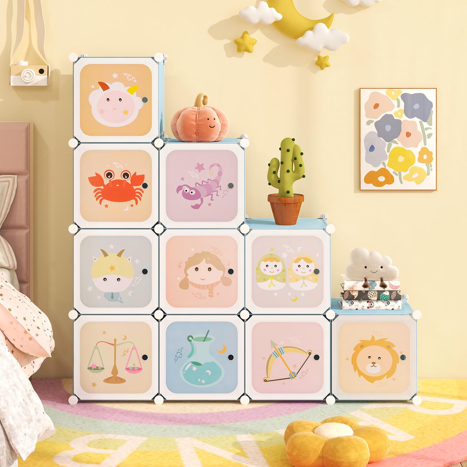 INFANS Kids Wardrobe - 12 Cube 2 Hanging Sections Portable Baby Dresser with Doors, Cute Nursery Closet Organizer for Children's Bedroom | Perfect for Toddler Clothes Storage & Nursery Organization