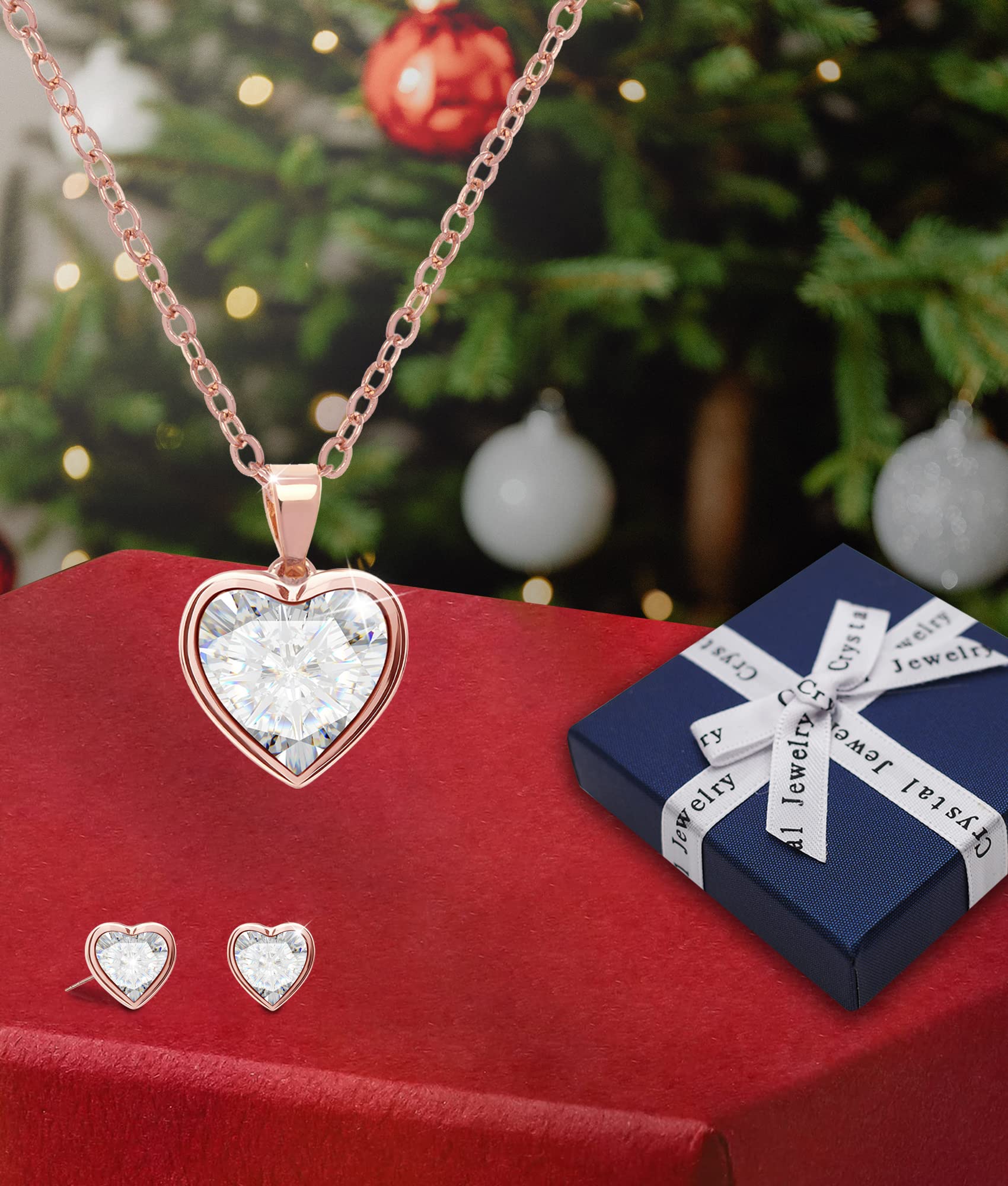 Rose Gold Plated Crystal Heart Necklace & Stud Earrings Set for Women - Elegant Jewelry Gift for Mother's Day, Birthday, Valentine's Day - Perfect for Date Night, Wedding, Anniversary & Special Occasions