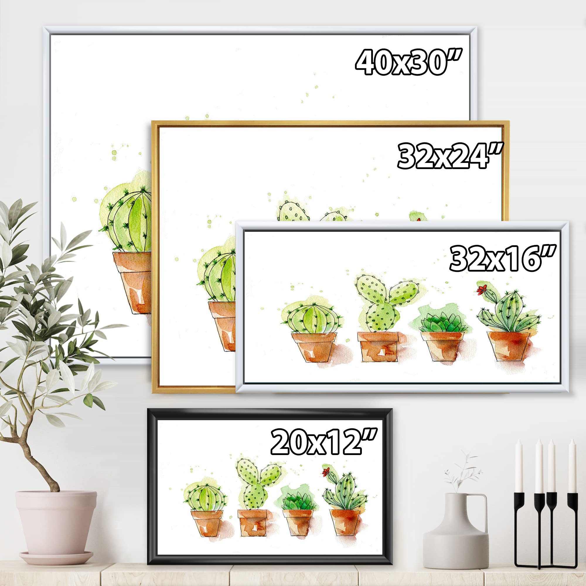 DesignQ Cacti in Ceramic Pots - Soft Tone Traditional Framed Canvas Wall Art Print | Perfect for Living Room, Bedroom & Office Decor