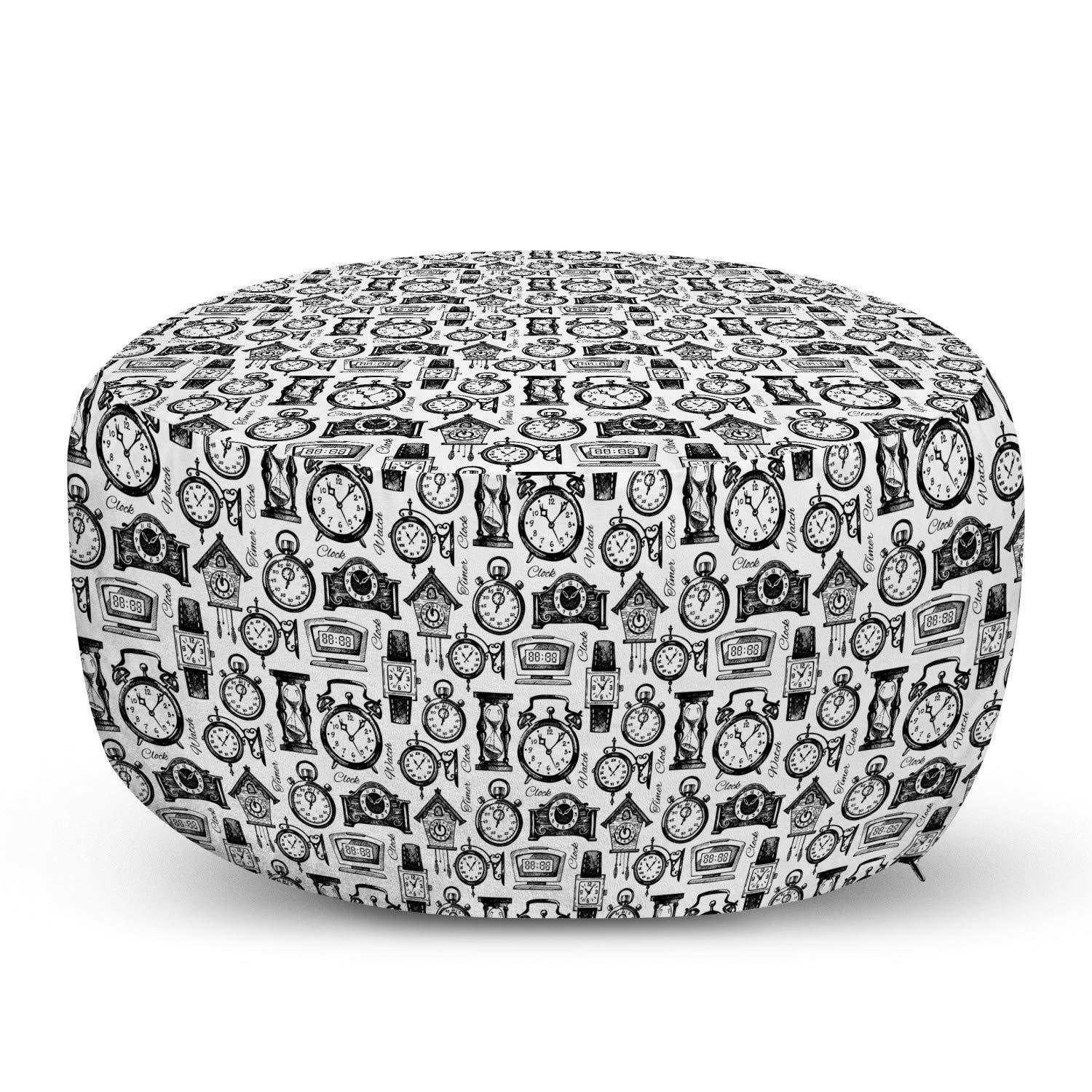 Vintage Ottoman Pouf Foot Rest with Removable Cover - Hand Drawn Sketch Style Monochrome Design for Living Room & Bedroom - Black & White Decorative Soft Footstool | Perfect for Home Decor, Lounge Seating, and Cozy Reading Nooks