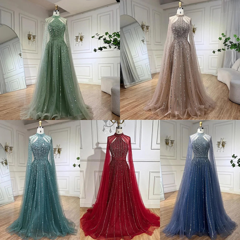 Elegant Arabic Turquoise A-Line Cape Sleeve Beaded Evening Gown for Women - Luxury Dubai Wedding Party Dress LA72306A | Perfect for Formal Events, Galas & Special Occasions