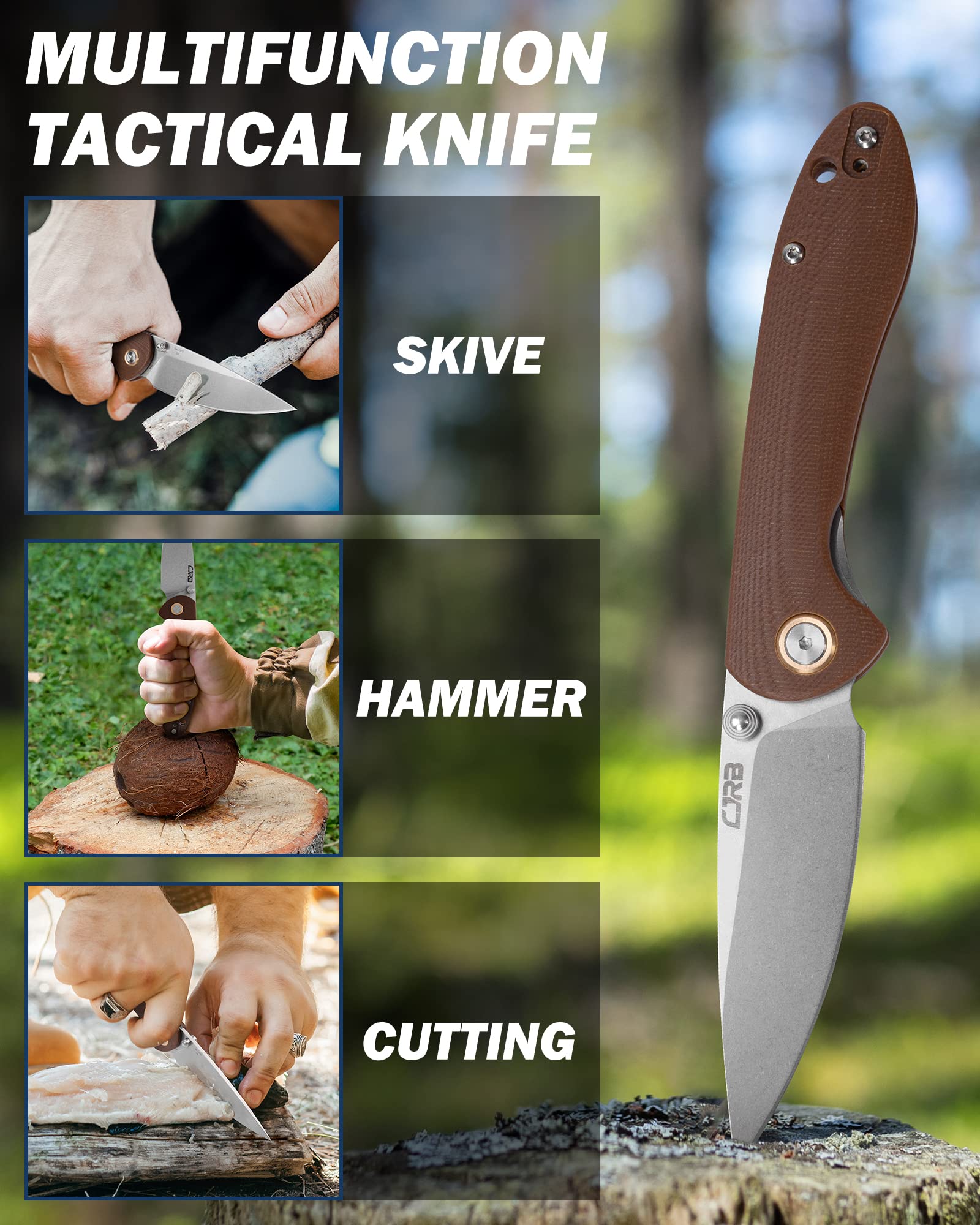CJRB Feldspar J1912-BNC Large Folding Knife - D2 Steel Blade, G10 Handle - Tactical, Outdoor, EDC, Survival, Camping, Hunting - Perfect for Everyday Carry, Bushcraft & Self-Defense (Brown)