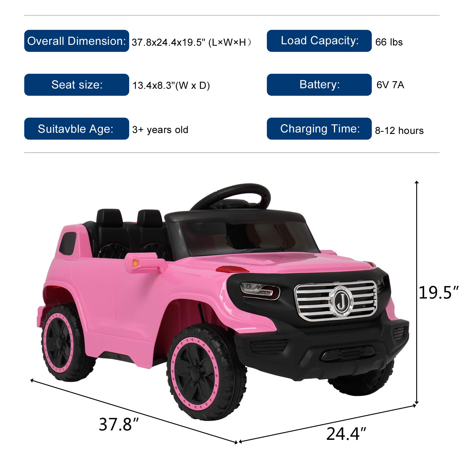 6V Electric Remote Control Truck for Kids - Toddler Ride On Car with 3 Speeds, Music, LED Lights & Safety Seat Belts | Pink Battery-Powered Motorized Toy Vehicle for Boys & Girls | Perfect for Birthday Gifts, Indoor Play & Outdoor Backyard Fun