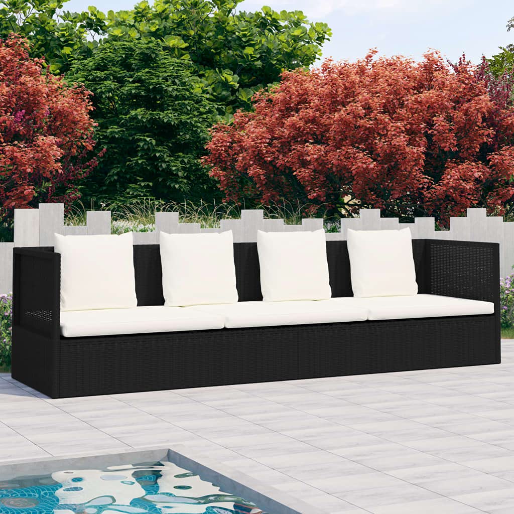 FAMIROSA Black Poly Rattan Outdoor Lounge Bed with Cushion - Patio & Garden Relaxation
