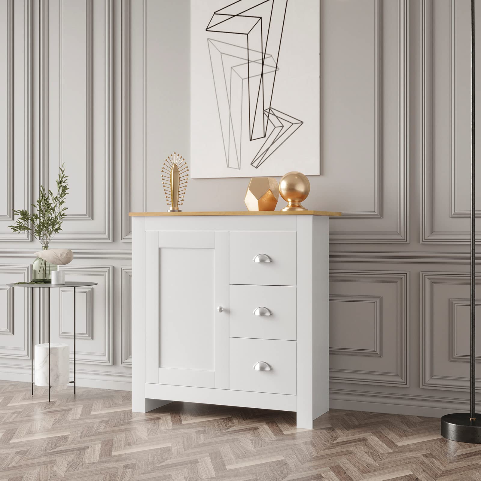 White Wooden Floor Storage Cabinet with Door & 3 Drawers - Free Standing Kitchen, Dining, Living Room, Bedroom & Home Office Organizer - Perfect as Accent Buffet Sideboard for Home Decor & Storage Solutions