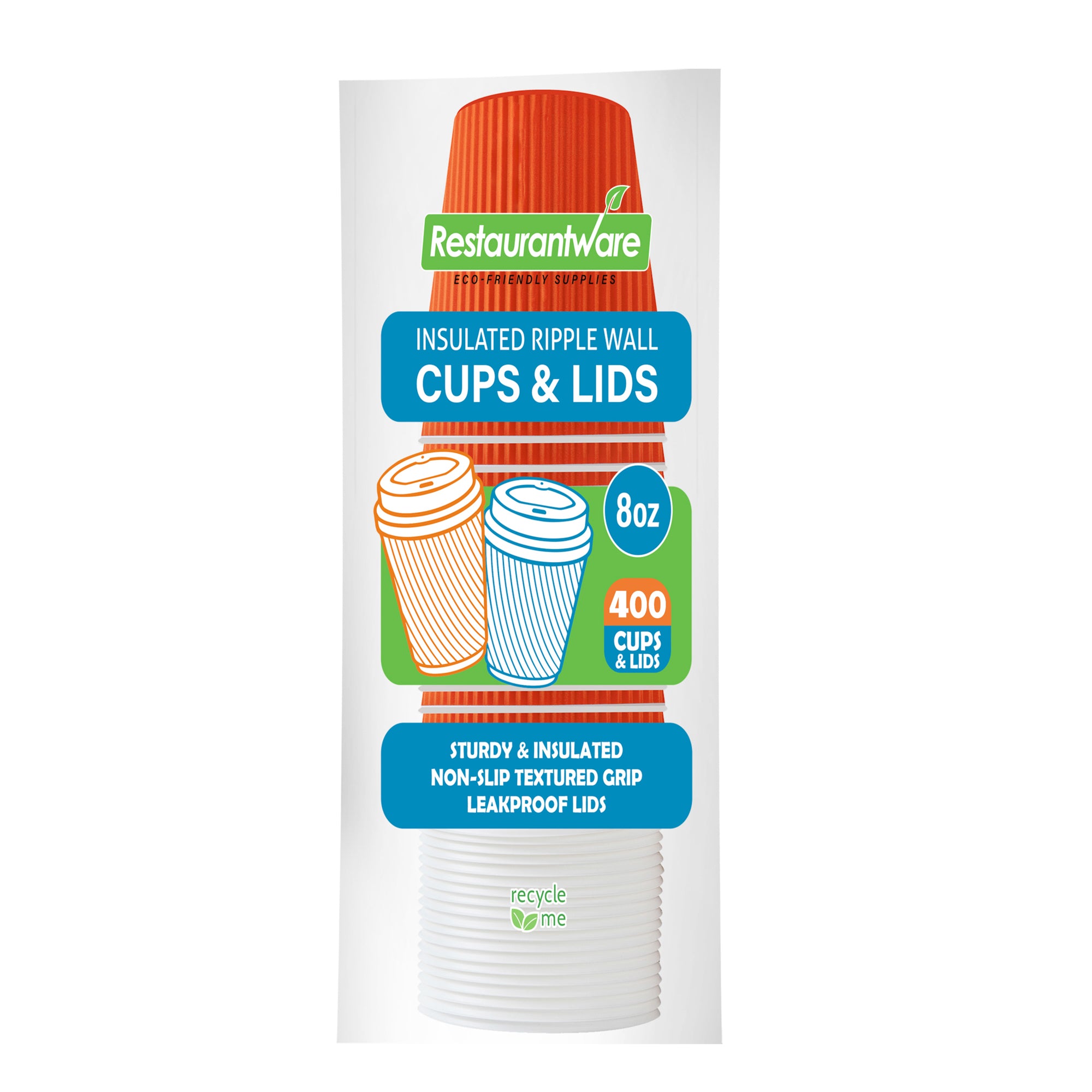 8 oz Tangerine Orange Ripple Wall Paper Coffee Cups with White Lids - 3.5