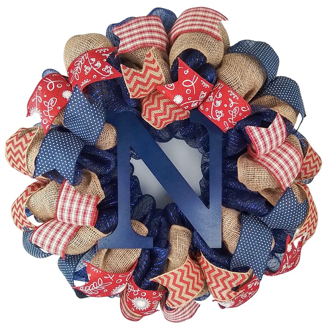 Monogram Rustic Farmhouse Navy Blue Burlap Mesh Door Wreath - Handmade Front Door Decor for Christmas, Thanksgiving & Year-Round Home Decor - Perfect for Farmhouse, Cottage & Coastal Style Houses