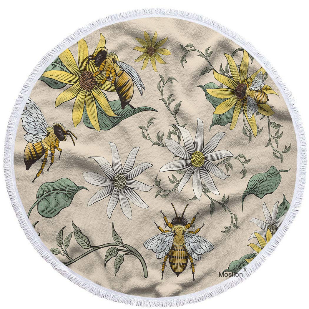 Moslion Oversized Round Beach Towel - Honey Bees & Sunflowers Floral Design, Hand Drawn Retro Style, Soft Microfiber Polyester (63 Inch) - Perfect for Beach, Pool, Picnic, and Outdoor Activities