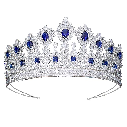 Jorsnovs 5A Level Cubic Zirconia Bridal Tiara Crown - Large CZ Wedding Headpiece Hair Jewelry for Women & Girls (Blue) | Perfect for Bridal Showers, Prom, Pageants & Formal Events