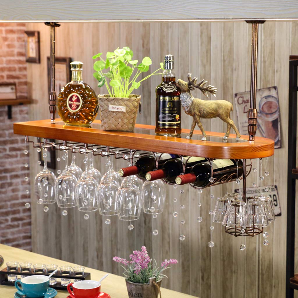 Premium Wood & Acrylic Ceiling Wine Rack - Upside Down Hanging Wine Glass Holder with Crystal Pendants - Multi-Functional Bar Butler for Wine Dispensing & Storage - Perfect for Home Bars, Restaurants, and Wine Cellars