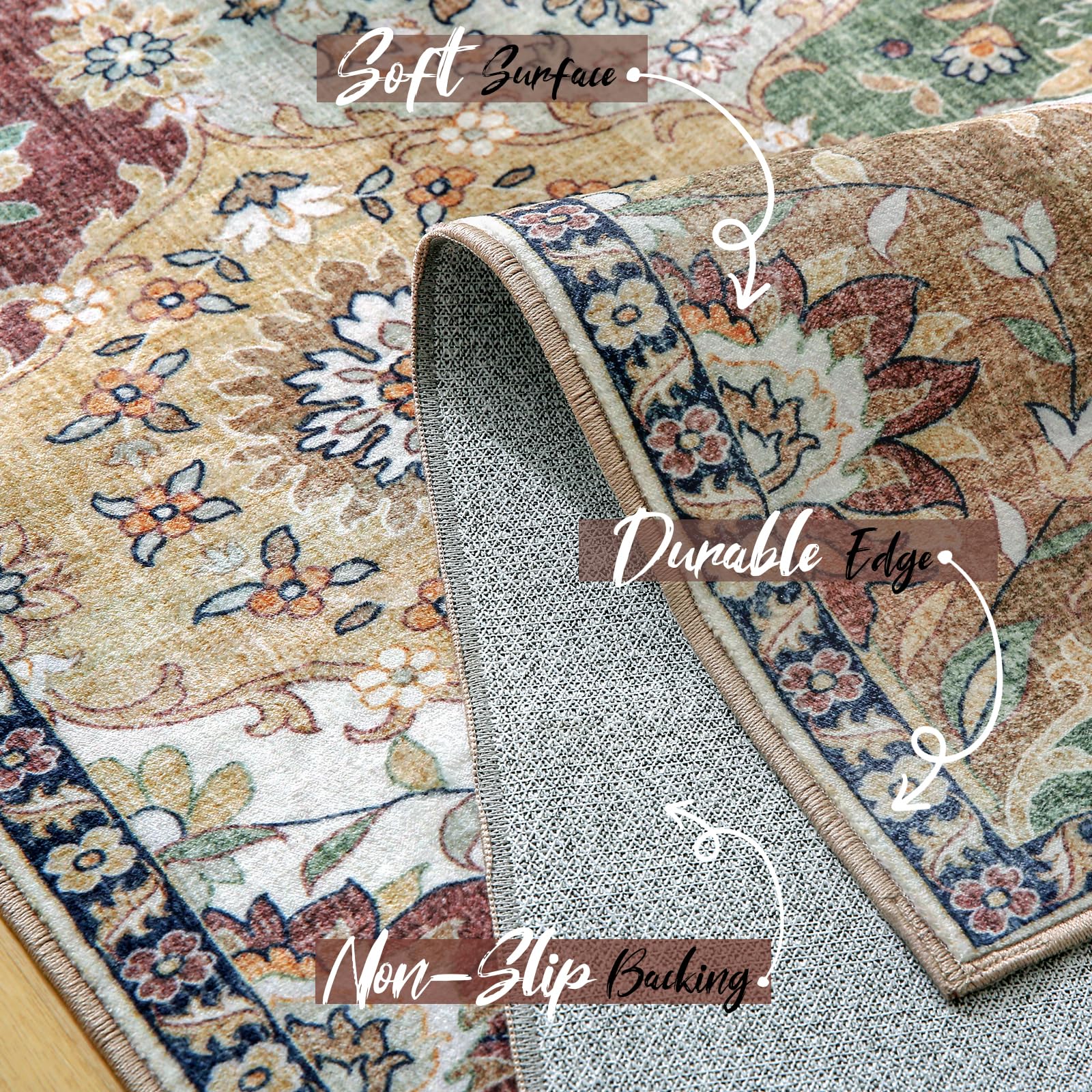 4x6 Washable Non-Slip Area Rug - Low Pile Lightweight Rug for Bedroom, Living Room, Dining Room, Nursery & Entryway - Multi/Green - Perfect for Home Decor & High Traffic Areas