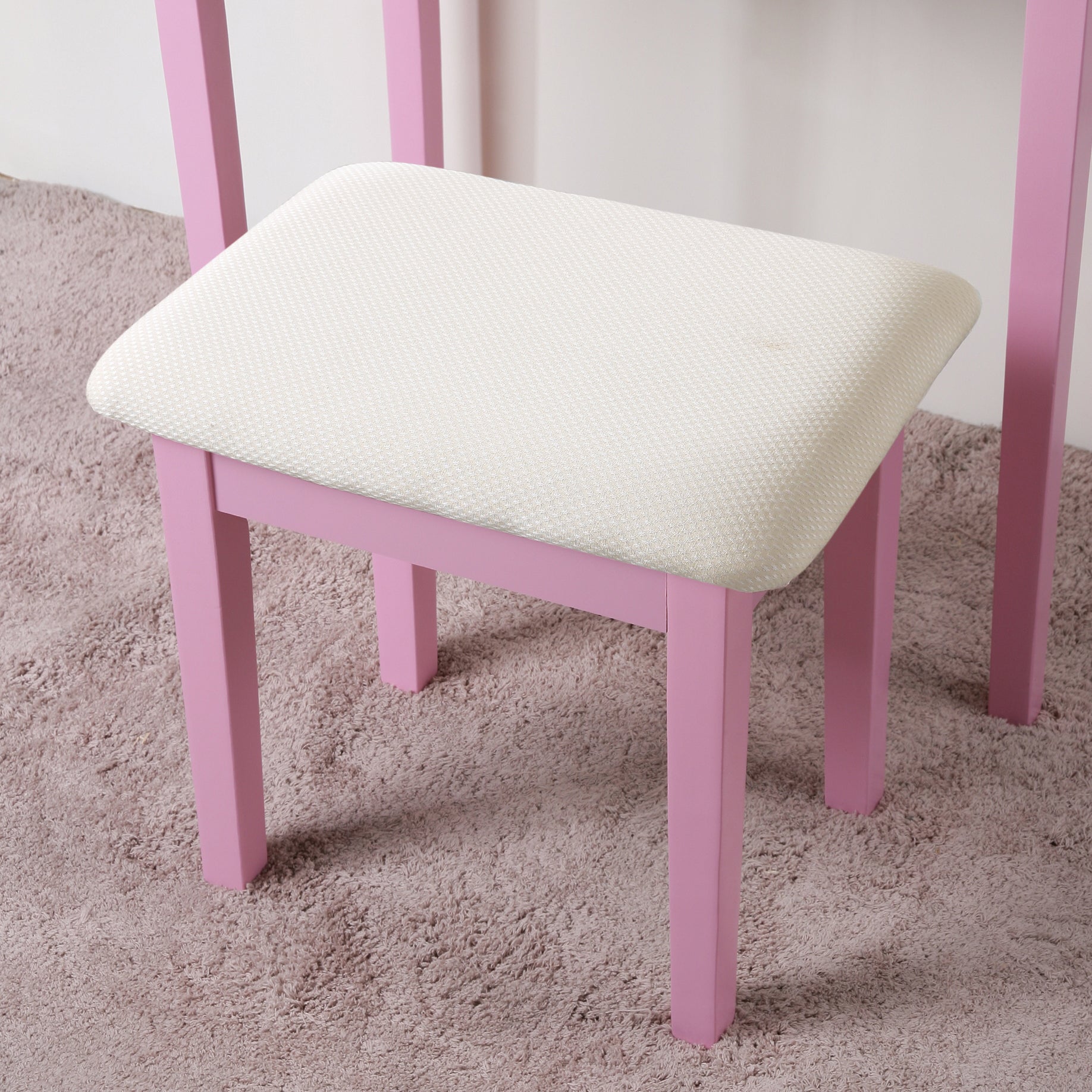 Roundhill Furniture Moniya Wood Makeup Vanity Table with Stool Set - Pink Dressing Table for Bedroom, Girls Room & Beauty Salon | Compact Makeup Desk with Mirror & Storage