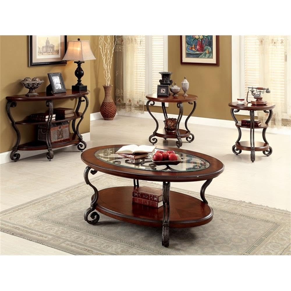 Home Square Azea Traditional Wood 2-Shelf Side Table - Set of 2 Brown Cherry End Tables for Living Room, Bedroom & Office Decor