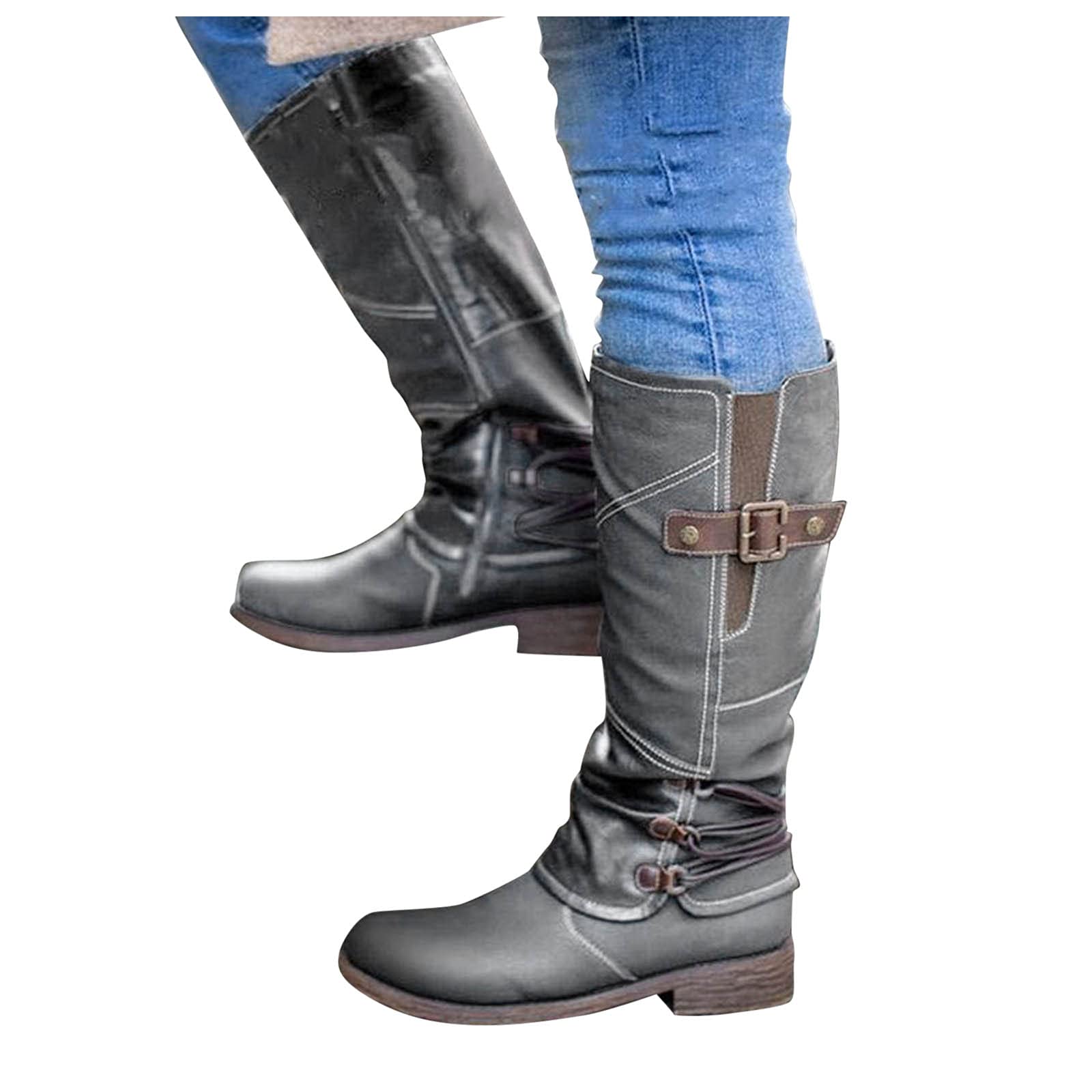 Women's Mid Calf Cowboy Boots Wide Calf - Waterproof Riding Boots with Chunky Heel & Side Zipper - Comfortable Western Motorcycle Knee High Boots for Casual Wear, Horseback Riding & Outdoor Activities