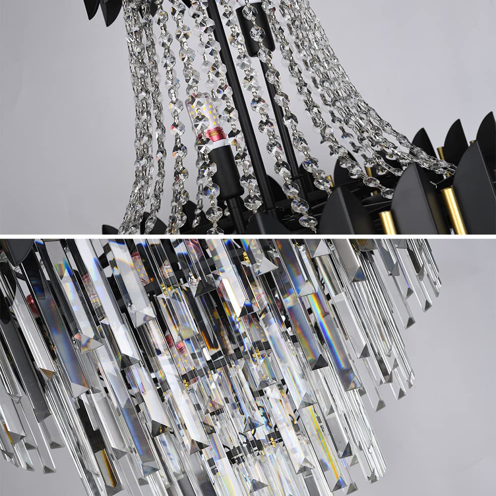 Modern Black 4-Tier Round Crystal Chandelier - 14 Lights Dimmable LED Ceiling Fixture with Raindrop Pendants - 24 Inch Contemporary Lighting for Dining Room, Living Room, Foyer, Bedroom & Entryway - Elegant Home Decor for Weddings, Restaurants and Luxury Spaces