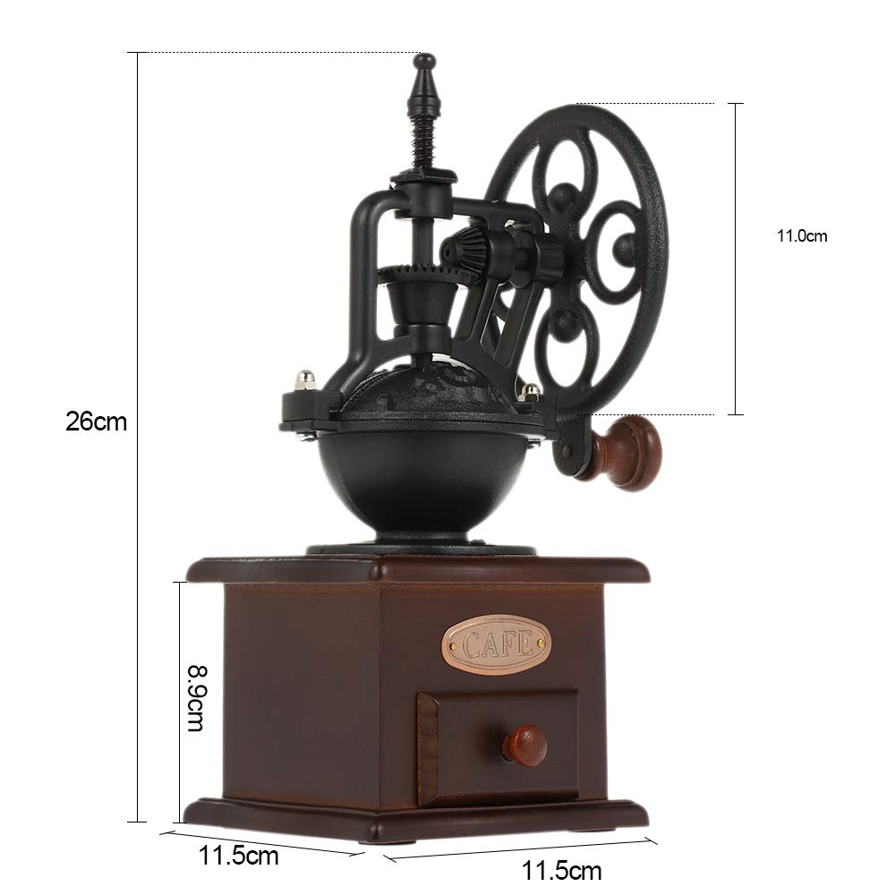 Vintage Cast Iron Manual Coffee Grinder - Adjustable Hand Crank Mill with Grind Settings & Drawer - 11.5 x 11.5 x 26 cm - Perfect for Home, Office, Camping & Travel Brewing