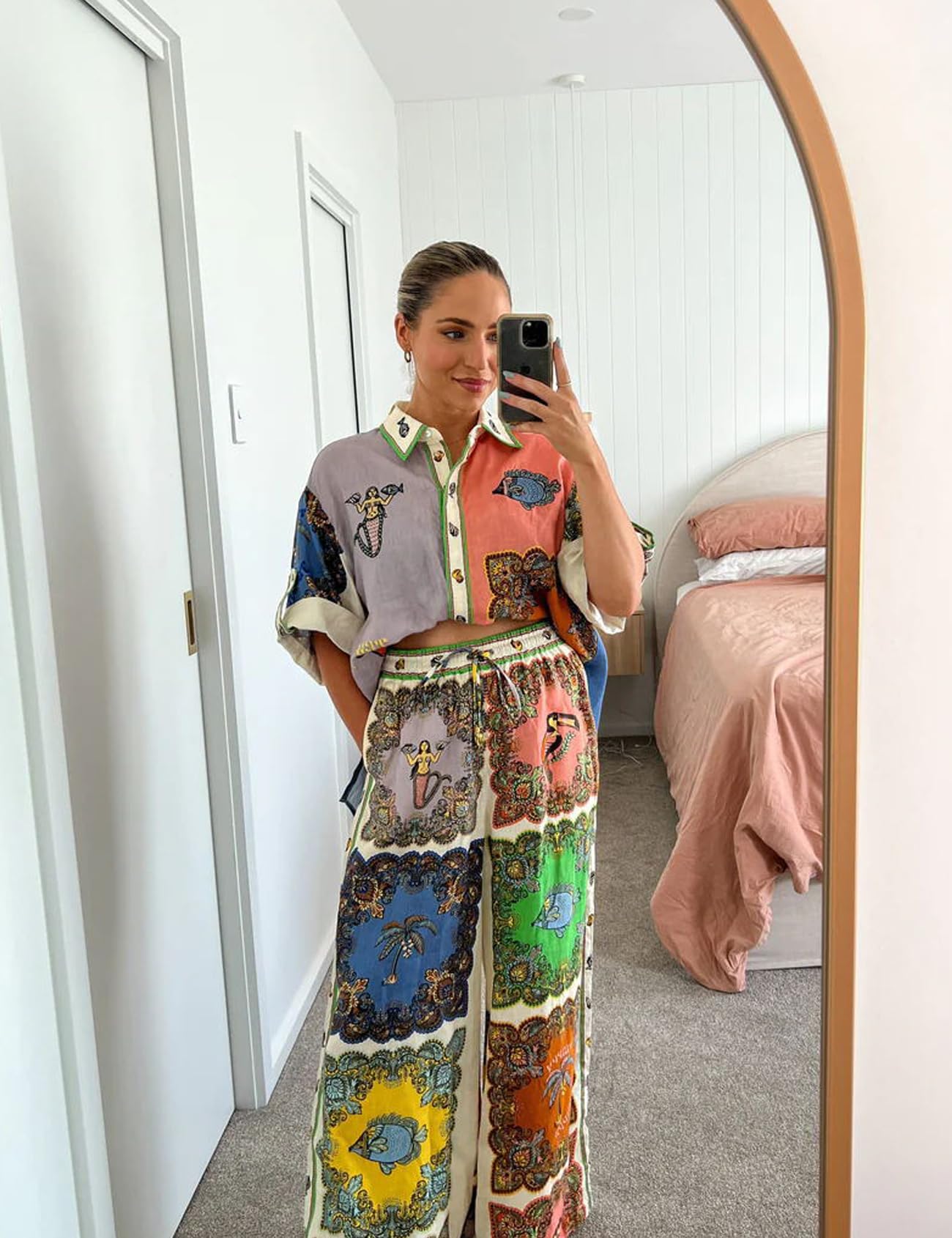 Perbai Women's Summer Linen 2-Piece Outfit Set - Boho Short Sleeve Button Shirt & Wide Leg Pants - Casual Lounge Wear & Sleepwear - Perfect for Beach Vacation, Yoga, and Relaxing at Home
