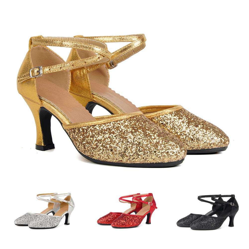SWDZM Women's Glitter Latin Dance Shoes - Closed Toe Ballroom Salsa Heels for Women | Professional Dance Shoes for Salsa, Tango, Ballroom | Perfect for Parties, Performances & Dance Competitions