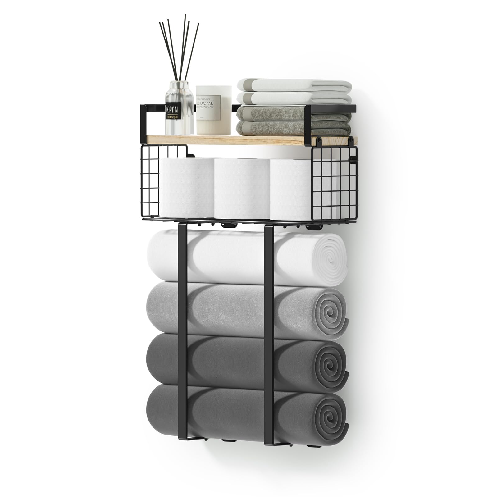 Sturdy Metal Towel Rack with Storage Basket - Wall Mounted Bathroom Organizer for Rolled Towels & Small Spaces | Perfect for Compact Bathrooms, Laundry Rooms & Spa Areas