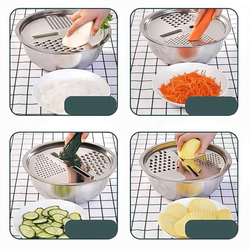 DOITOOL 3-in-1 Stainless Steel Kitchen Grater with Drain Basket - Multi-Function Cheese Grater, Vegetable Chopper & Salad Maker Bowl for Home Cooking (Silver) | Perfect for Meal Prep, Pizza Topping & Healthy Snacks