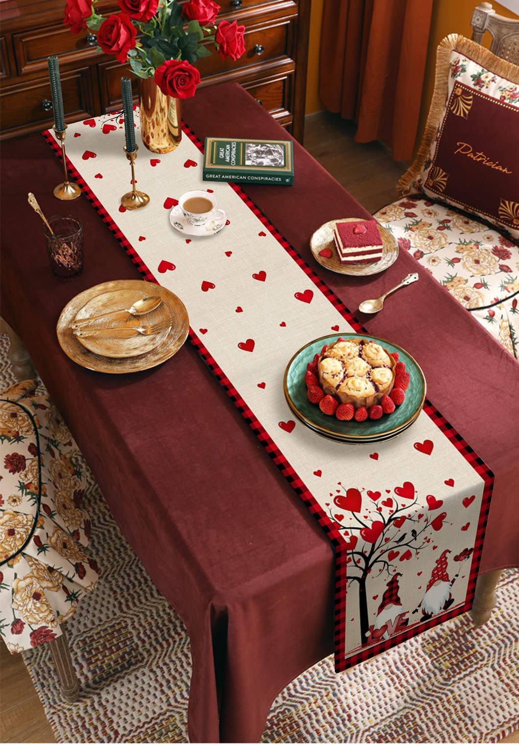 108-inch Valentine's Day Table Runner - Red & Black Buffalo Plaid Kitchen Decor for Coffee Tables, Parties & Home | Romantic Gnome & Love Tree Design | Perfect for Valentine's Dinners, Holiday Gatherings & Festive Home Decor (13x108 inches)