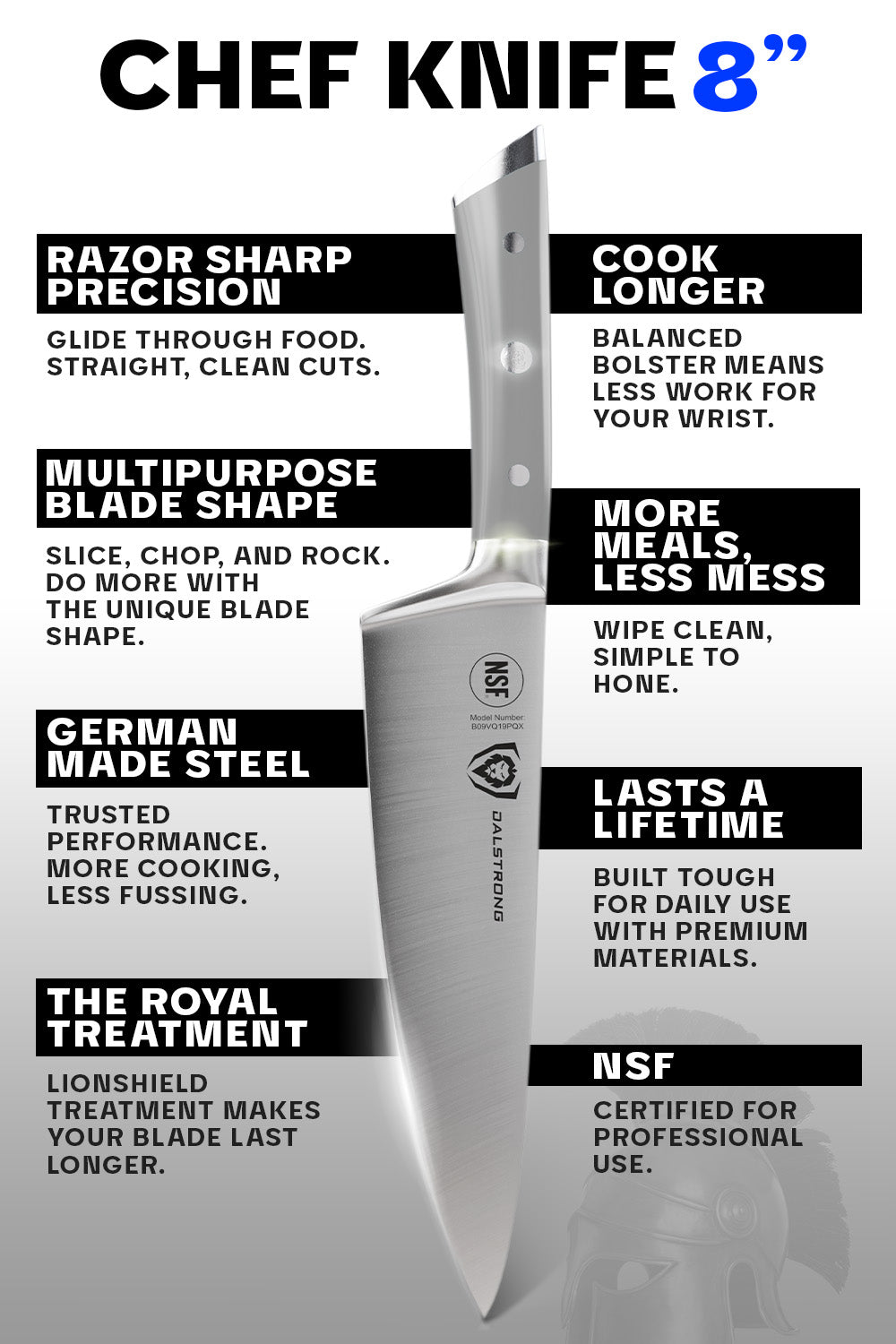 Dalstrong Gladiator Series 8-Inch Chef Knife with Grey ABS Handle - NSF Certified Professional Kitchen Knife for Slicing, Dicing, and Chopping - Perfect for Home Cooks & Professional Chefs