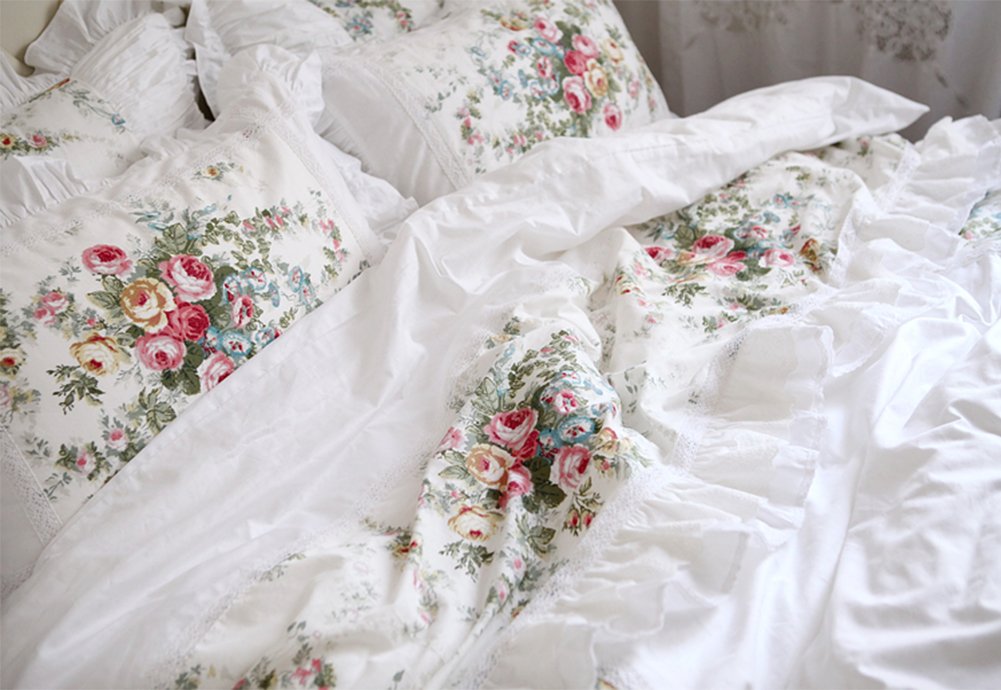 100% Cotton White Duvet Cover Set with Ruffle Frill & Flower Design - 4pc Queen Size Bedding for Master Bedroom & Guest Room Decor
