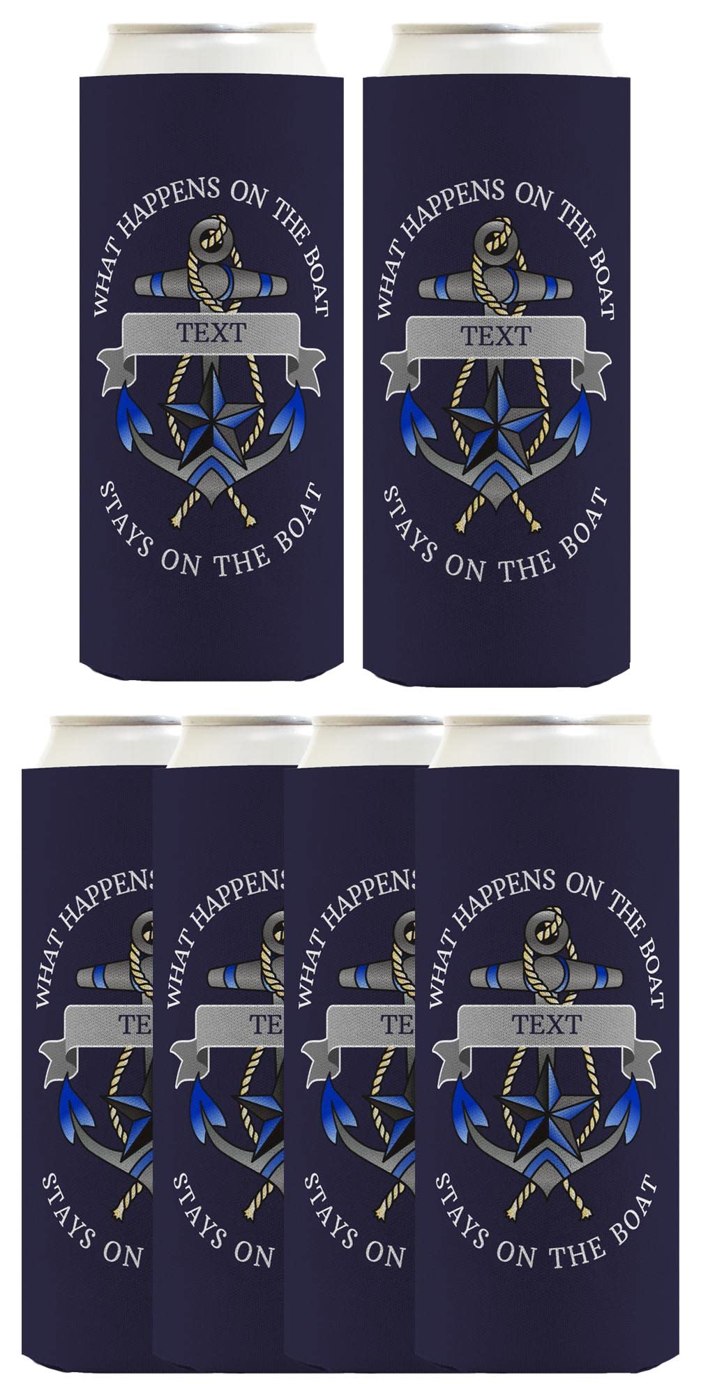 Custom Beach Can Coolers 6-Pack - Personalized Ultra Slim Can Coolies with Boat-Themed Text - Perfect for Boating, Beach Parties & Outdoor Events