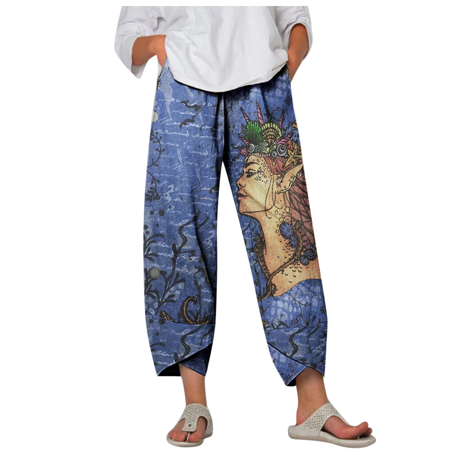 Women's Striped Linen Pants - Elastic Waist Wide Leg Casual Trousers with Floral Print (Blue, Size M) | Perfect for Summer, Beach, Vacation & Boho Style Outfits