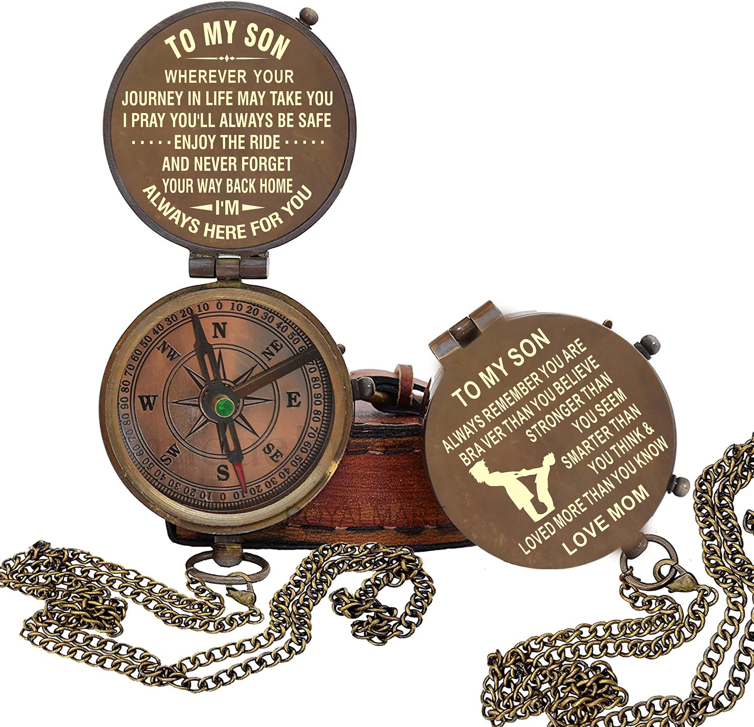 Royalmart Antique Brass Compass with Leather Case & Chain - Personalized Engraved Gift for Son, Graduation Present | Perfect for Outdoor Adventures, Hiking, and Special Occasions