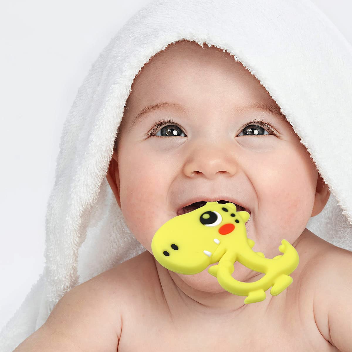 BPA-Free Silicone Baby Teether Toy - Dinosaur Shaped Chew Toy for Teething Babies 6-12 Months | Soft Gum Massager for Sore Gums & Tooth Pain Relief | Safe Pacifier Alternative for Infants | Perfect for Home, Travel & Daycare (Yellow)