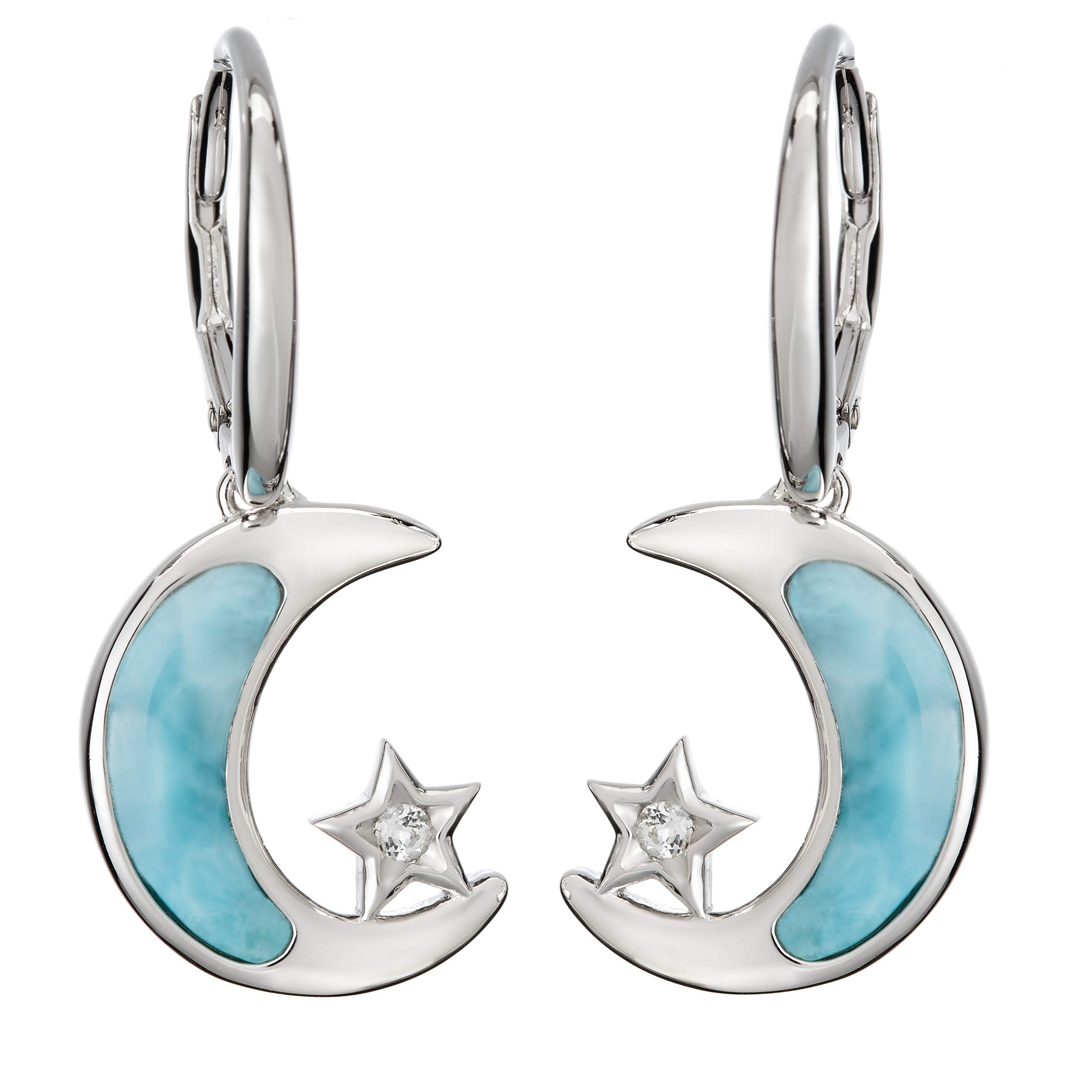 925 Sterling Silver Natural Larimar & Cubic Zirconia Star Moon Dangle Earrings | Hypoallergenic Nickel-Free Jewelry for Sensitive Skin | Gift Box Included | Perfect for Date Night, Wedding & Special Occasions