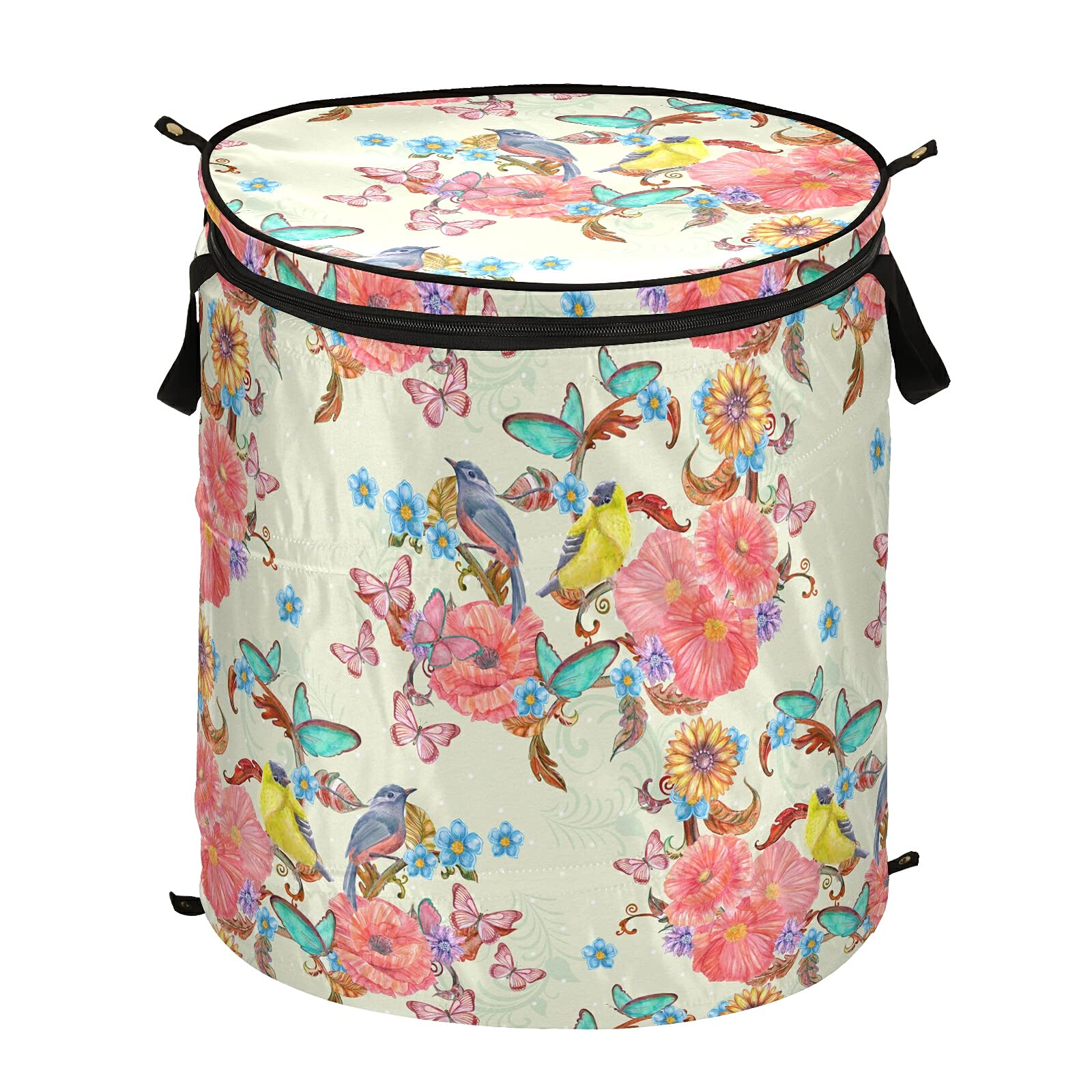 ALAZA 50L Collapsible Laundry Basket with Birds & Butterfly Floral Design - Foldable Pop-up Storage Bin for Home Organization, Toy Storage & Clothes Hamper - Perfect for Bedroom, Nursery & Laundry Room