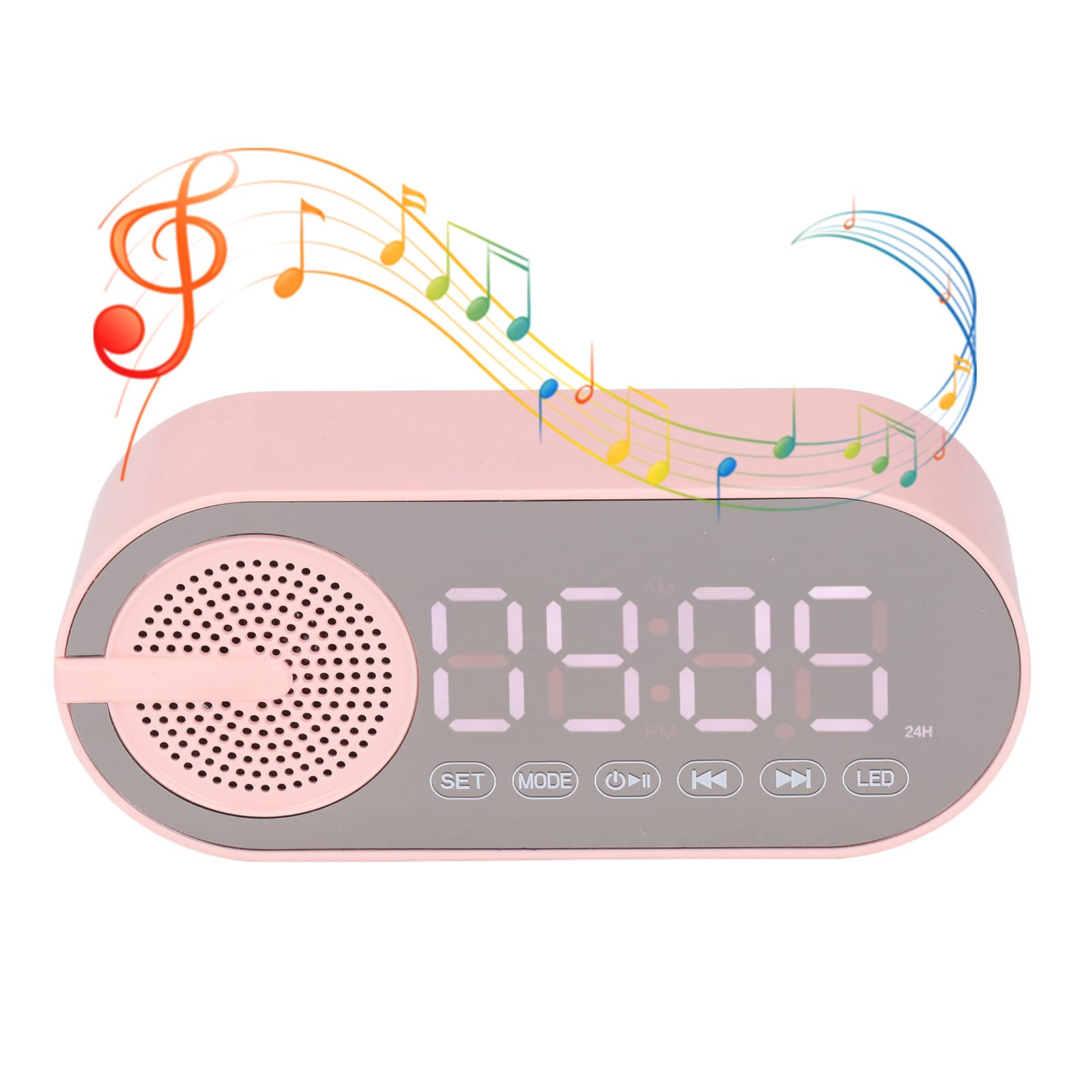 Wireless Bluetooth 5.0 Speaker Mirror Alarm Clock with FM Radio, USB Charging & SD Card Slot - Digital LED Display, Rechargeable Battery - Perfect for Bedroom, Travel & Hotel Use (Pink)