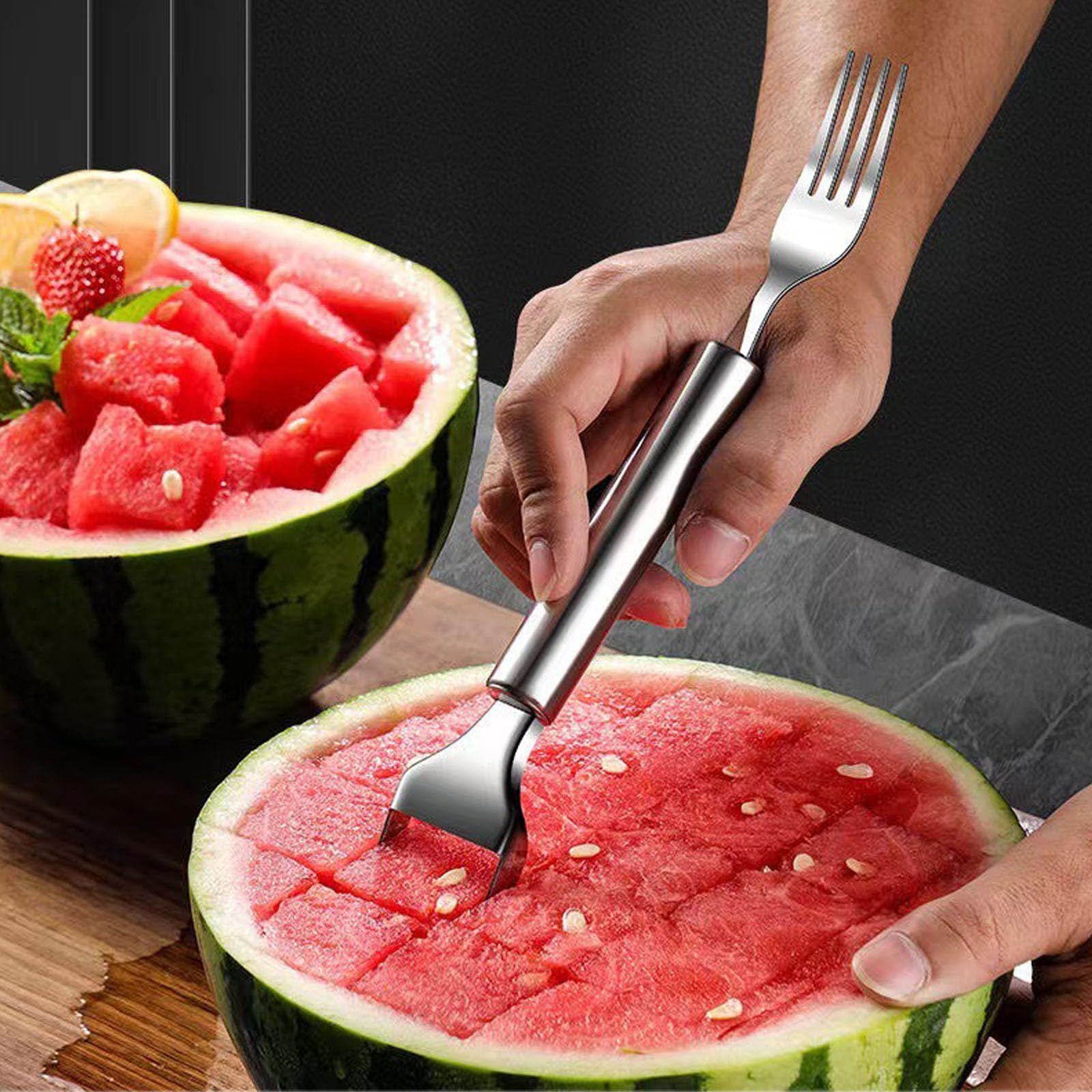 Premium Stainless Steel Watermelon Slicer & Fork - 2-in-1 Double Head Fruit Cutting Tool for Summer BBQs, Picnics, Camping & Family Gatherings (3-Piece Set) - Perfect for Outdoor Parties, Beach Trips & Backyard Cookouts