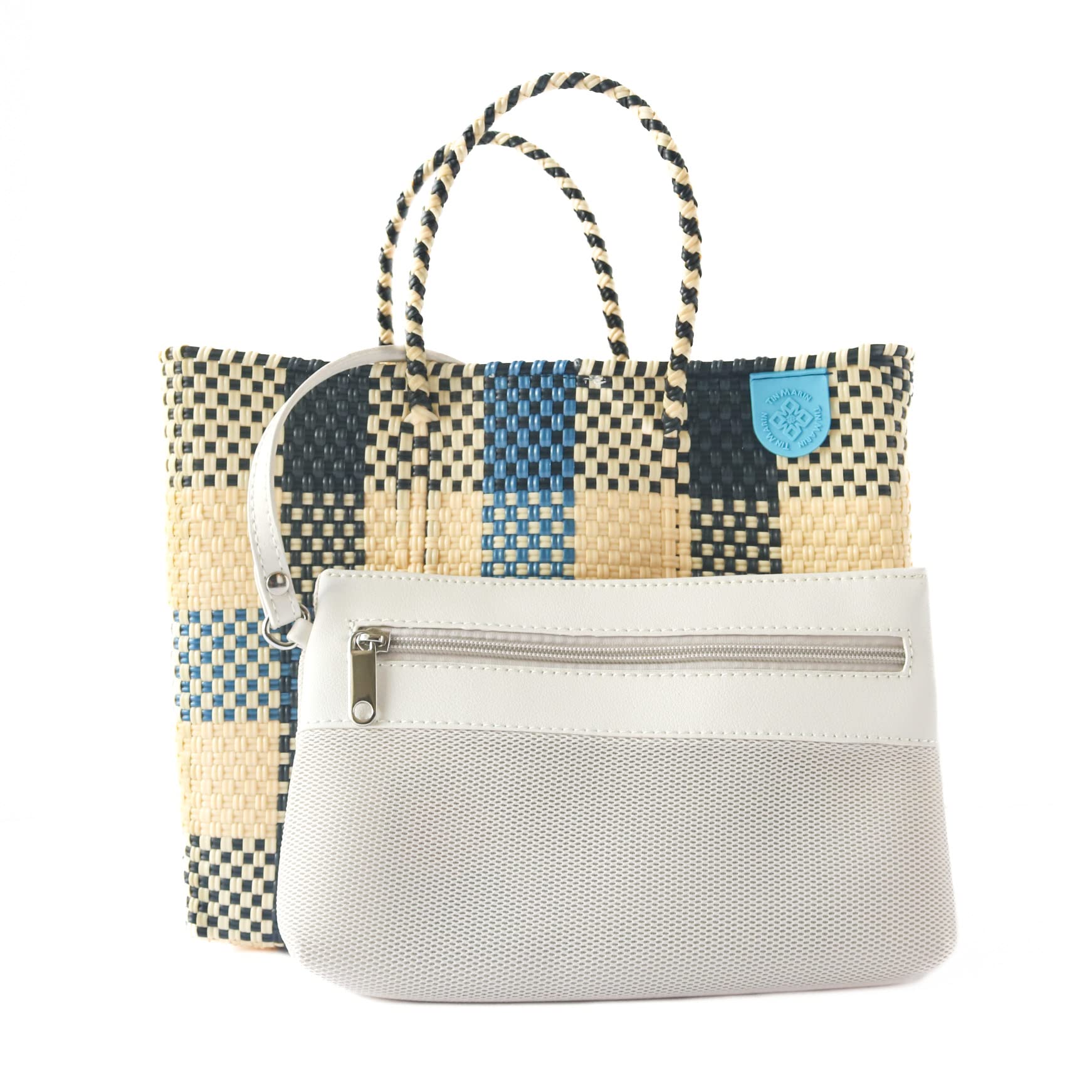 Eco-Friendly Cabo Medium Woven Crossbody Bag with Detachable Mesh Pouch - Beige, Blue & Black Beach Tote | Recycled Plastic Mexican Artisan Purse | Perfect for Vacation, Resort Wear & Summer Travel Accessories